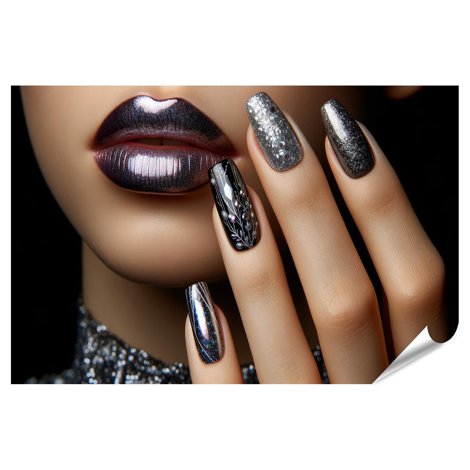 islandburner Poster Schwarz Silber Nageldesign mit Glitzer und Metallic Lippenstift