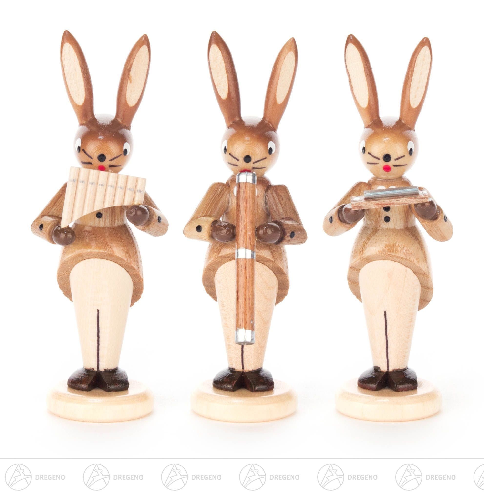 Dregeno Erzgebirge Osterhase Hasentrio mit Panflöte, Didgeridoo und Mundharmonika, natur Höhe =