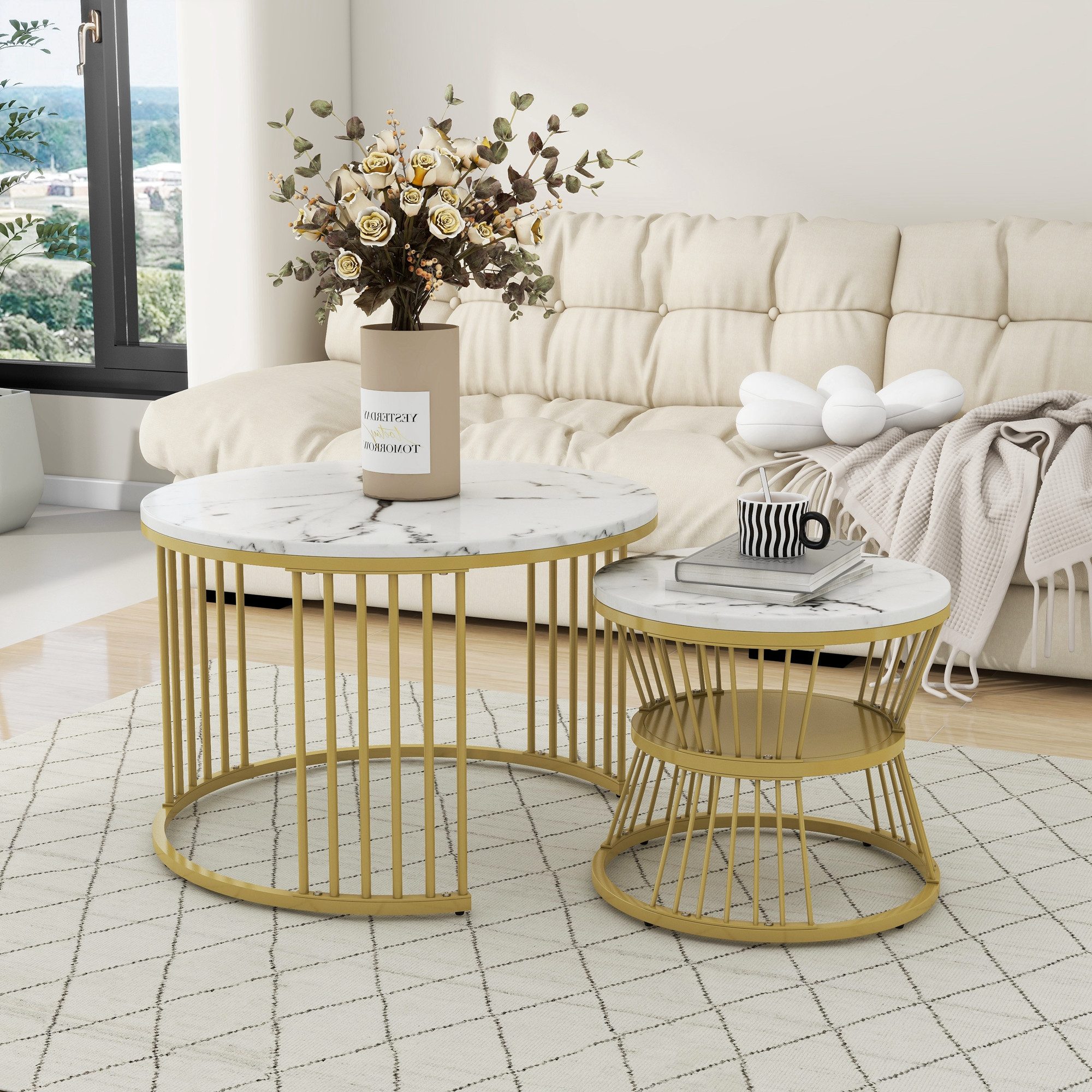 MODFU Couchtisch 2er Set (Moderne Nesting Couchtisch, Marmor Furnier Sofa Seite Nest von Tischen Runde Endtische), Moderne Nesting Couchtisch