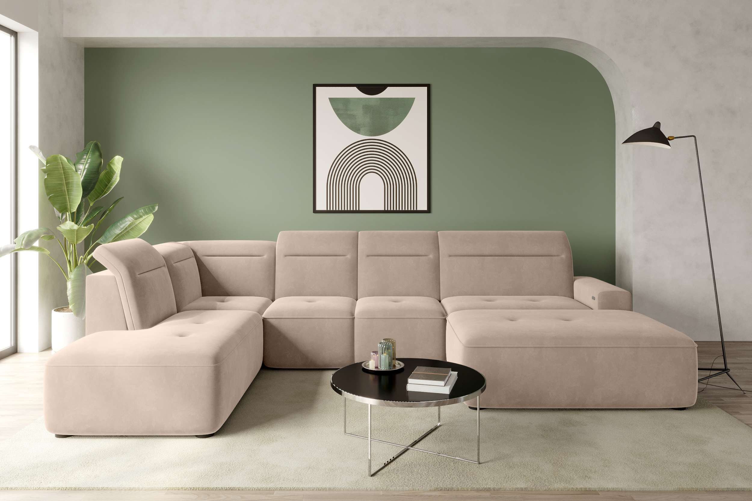 99rooms Wohnlandschaft Elvaro, Sofa, U-Form, Bezug aus Velours PALLADIUM, mit elektrischer Sitztiefenverstellung
