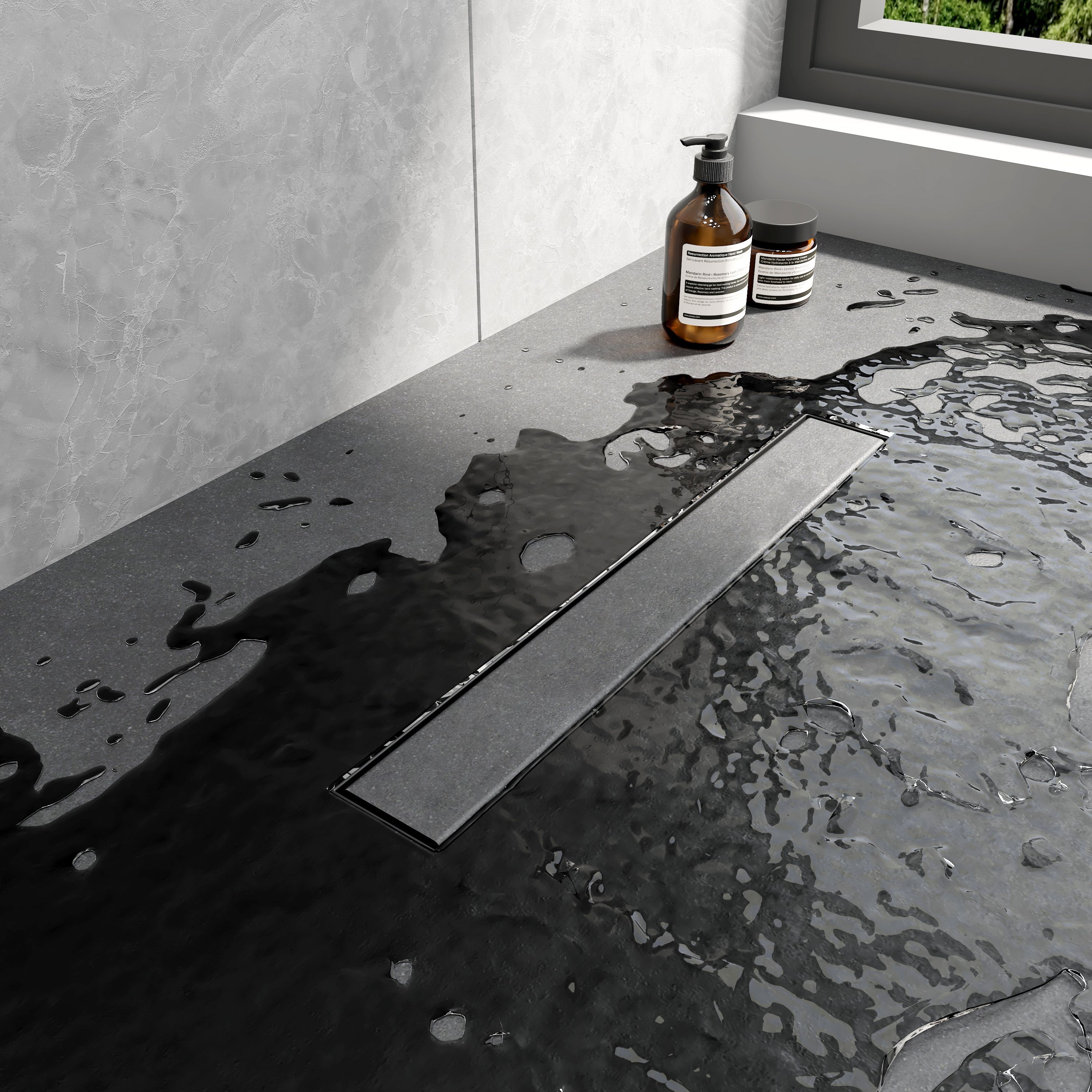 EMKE Duschrinne Edelstahl Duschrinne 2 in 1 Komplettset Bodenablauf Dusche mit Siphon, Befliesbar Extra Flach Abflussrinne mit Haarsieb Randablauf Schwarz