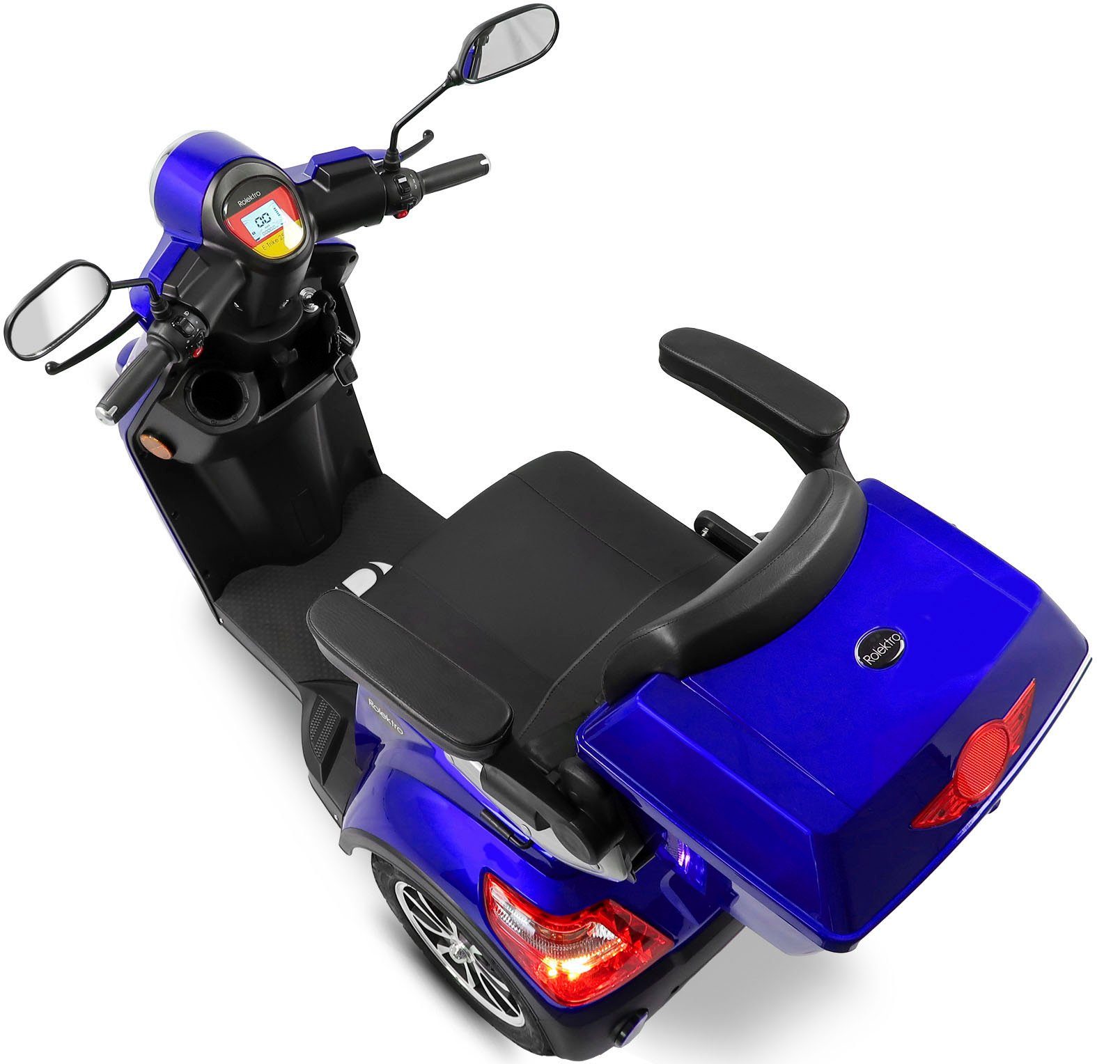 V.3, 25 Elektromobil 1000 Rolektro Topcase) km/h, Lithium blau W, (mit E-Trike 25 Rolektro Akku,