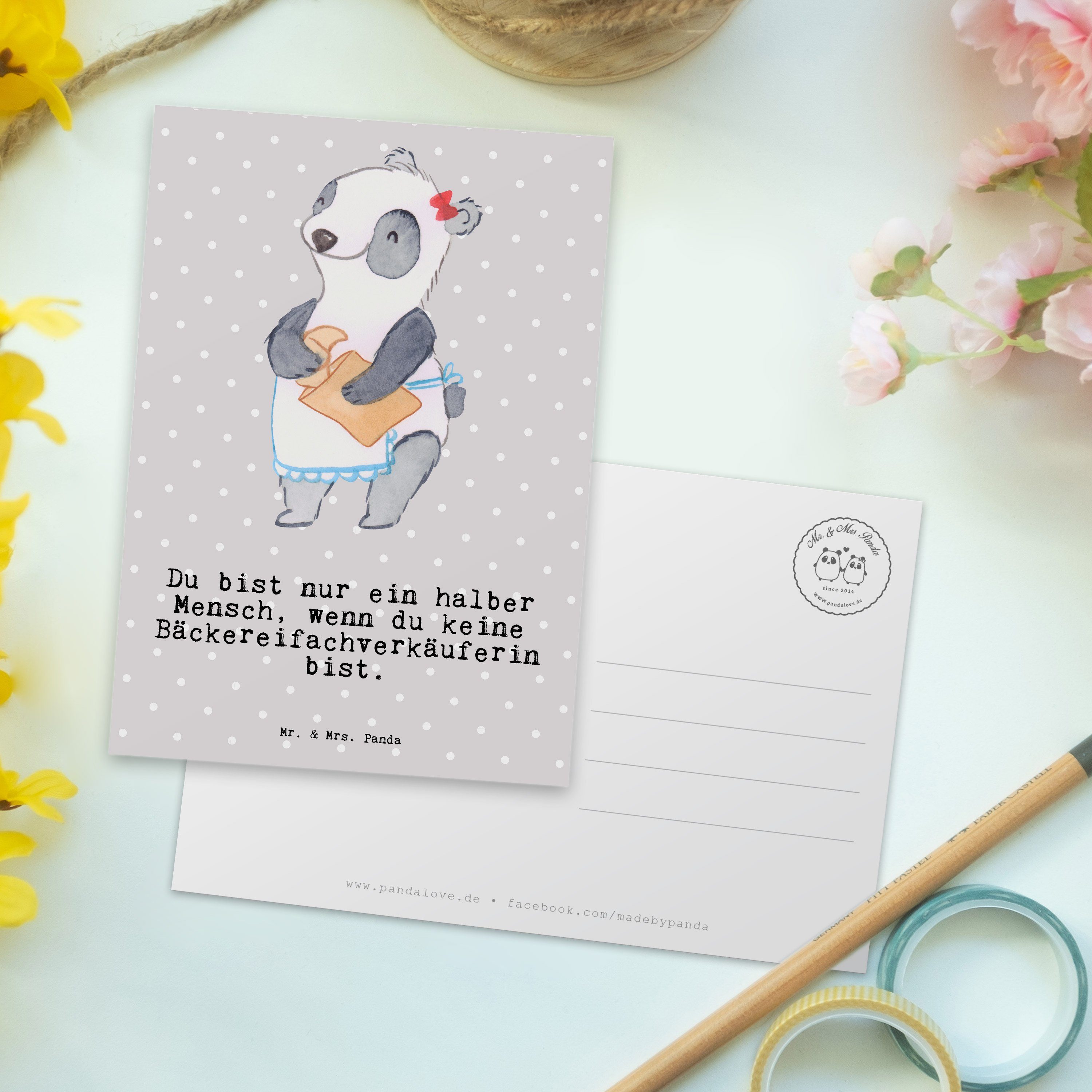 Mr. & Mrs. Panda Postkarte Herz - Pastell mit Grau - Bäckereifachverkäuferin Geschenk, Backstube