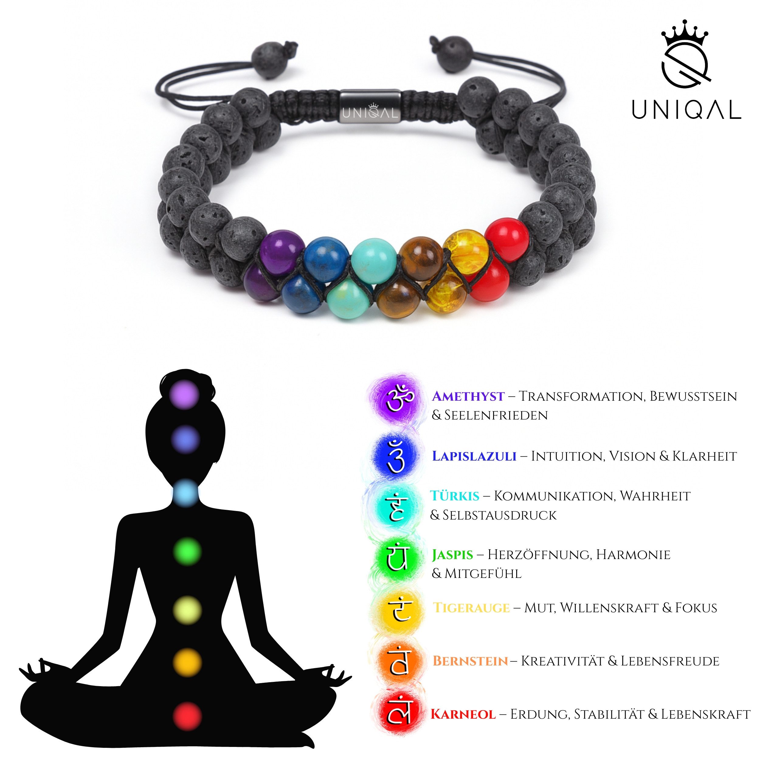 UNIQAL.de Perlenarmband aus Naturstein – zweireihig, 6 mm, Unisex (Edelstahl-Elemente, Naturstein-Perlen), verstellbarer Makramée-Verschluss, handgefertigt