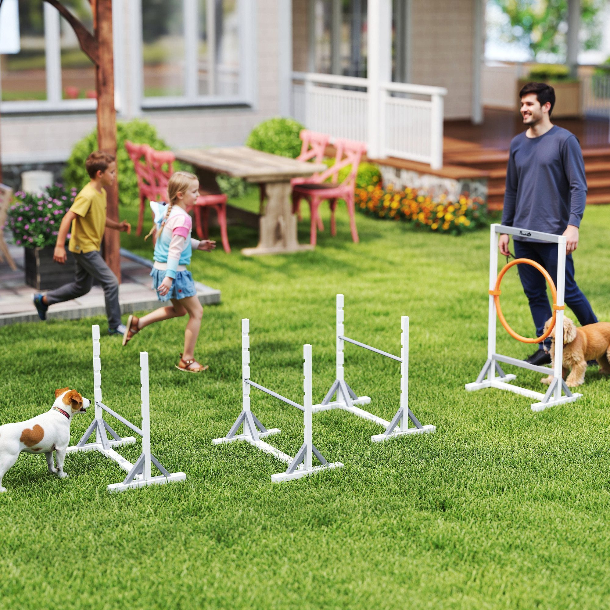PawHut Agility-Hürde mit höhenverstellbar Hürden, Reifen, Trainingszubehör, Tannenholz, Kunststoff, 4-teiliges Agility Set (4-tlg) für Hundetraining, Spiele Training