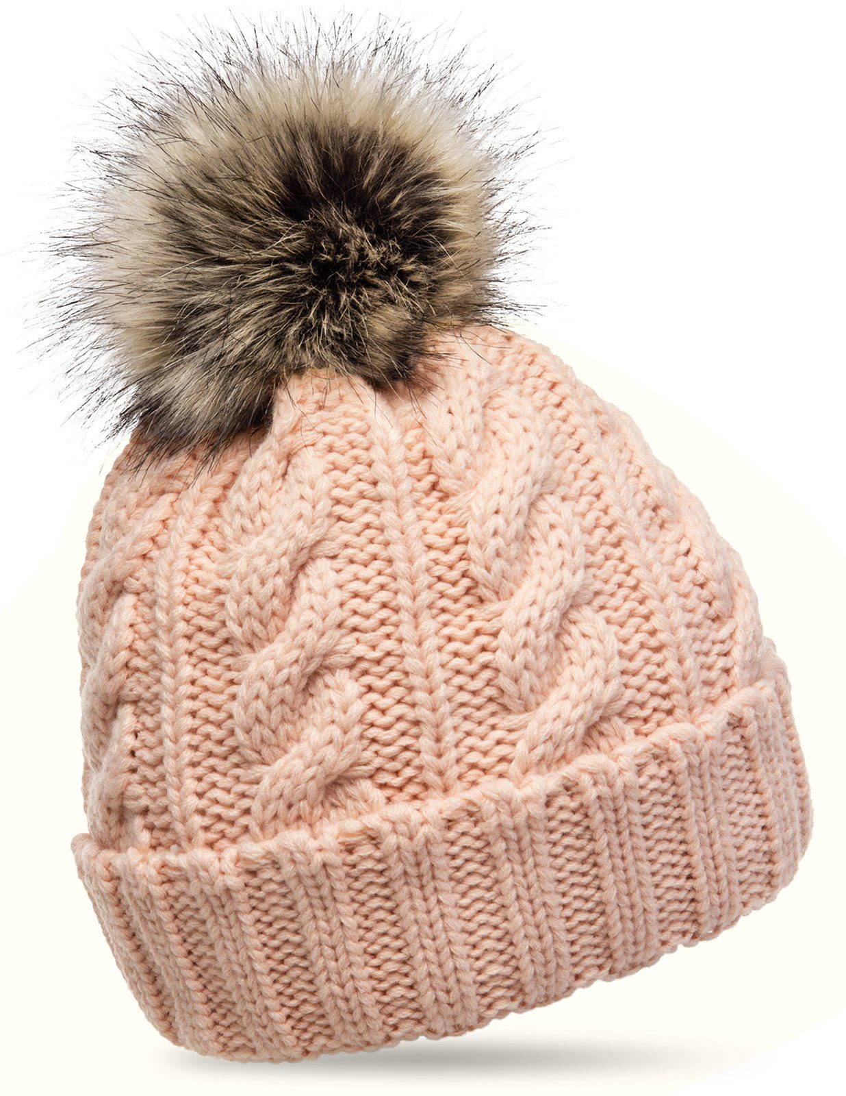 Caspar Bommelmütze MU104 Damen Winter Strickmütze mit Fellbommel rosa