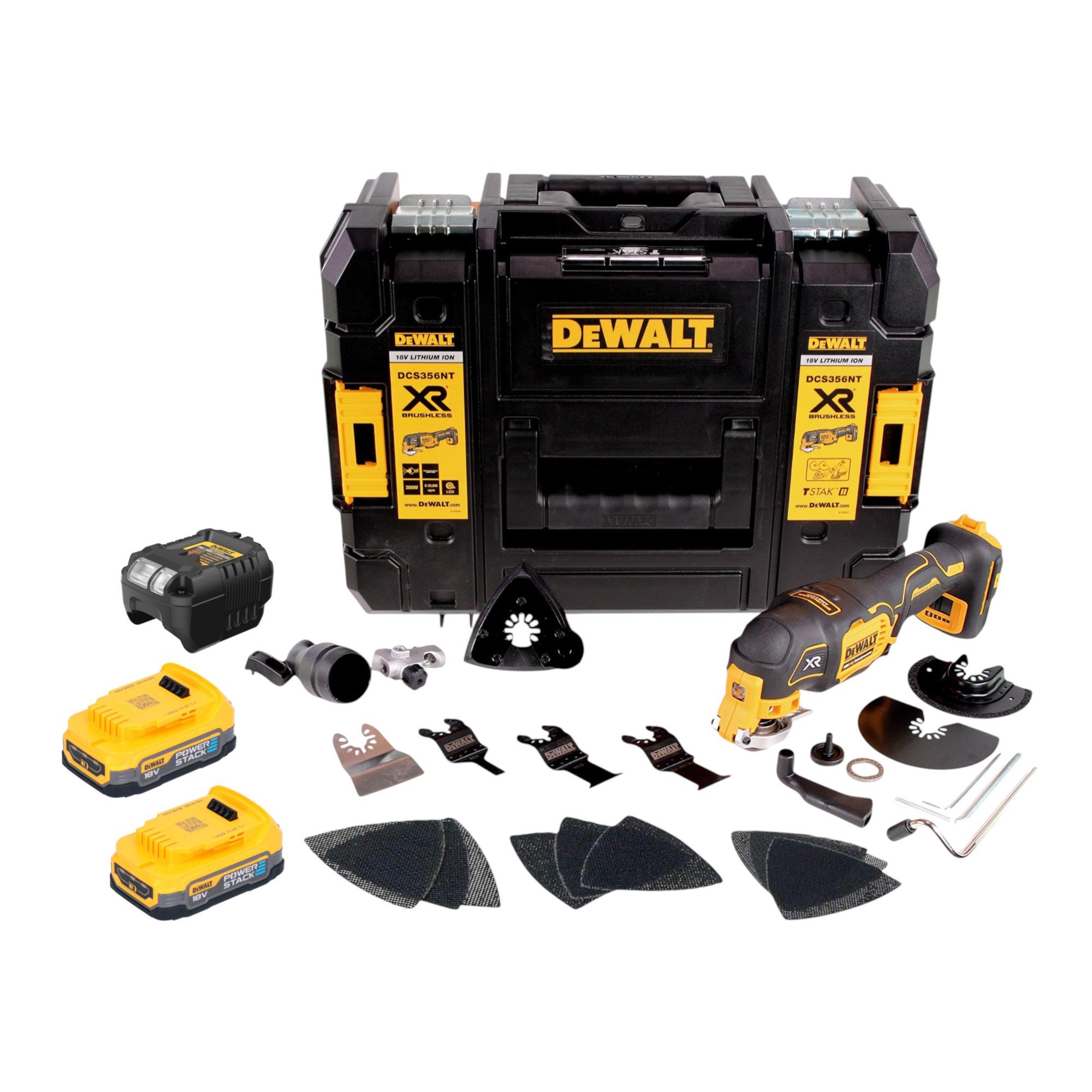 DeWalt Akku-Multifunktionswerkzeug DCS 356 E2T Akku Multitool 18 V Brushless + 2x Powerstack Akku 1,7 Ah