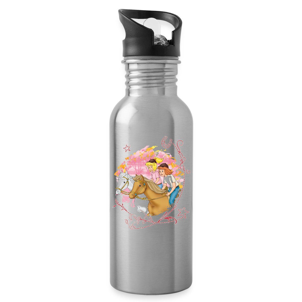 Spreadshirt Trinkflasche Bibi Und Tina Wettreiten Im Wald Wasserflasche mit Strohhalm
