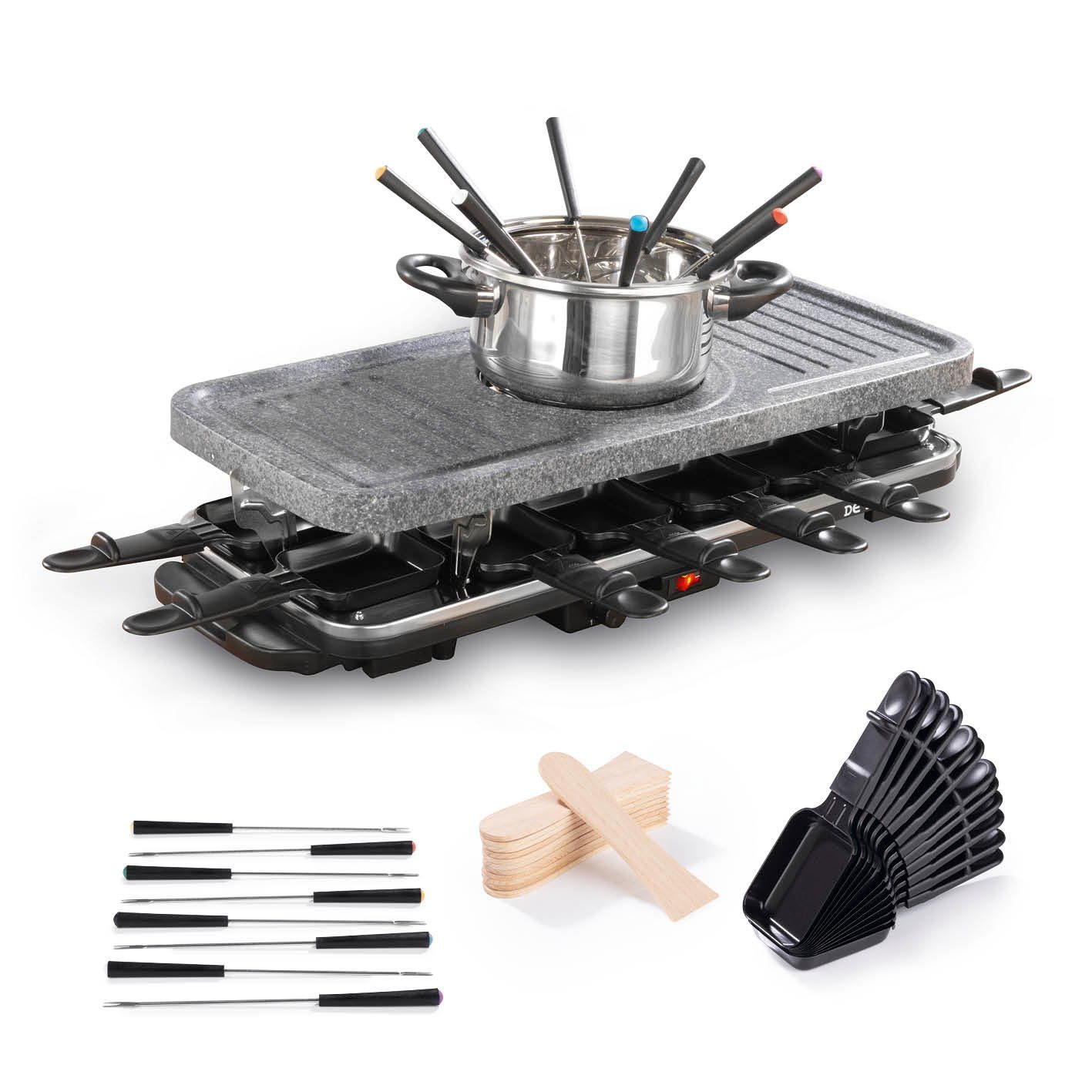 GOURMETmaxx Raclette und Fondue-Set inkl. Pfännchen & Zubehör - 12  Personen, 1600 W, Granit-look, Tischgrill