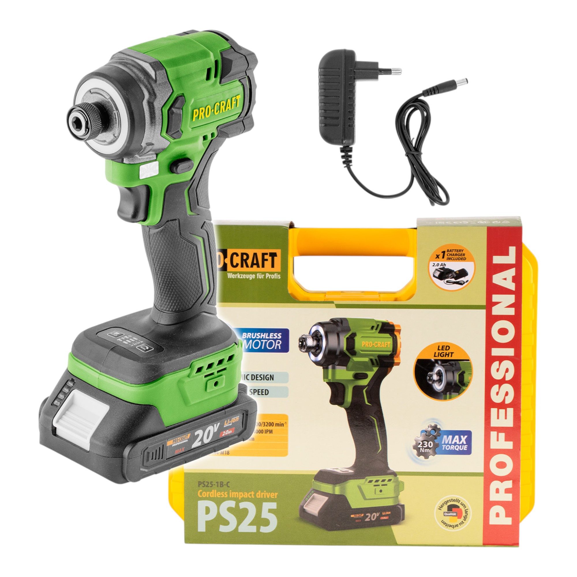 PRO CRAFT Akku-Schlagschrauber PS25-1B-C 20 V 230 Nm 1/4" Brushless + 1x Akku 2,0 Ah + Lader + Koffer