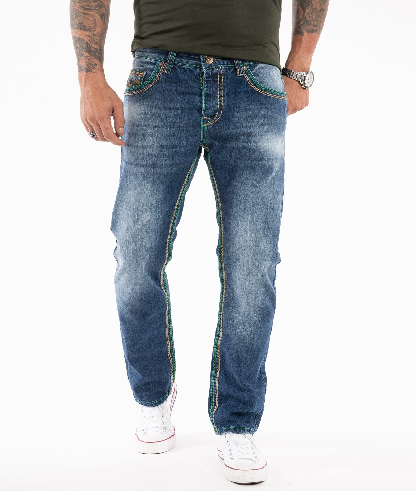 Herren Rock Nähte RC-2369 dicke Creek Jeans Straight-Jeans