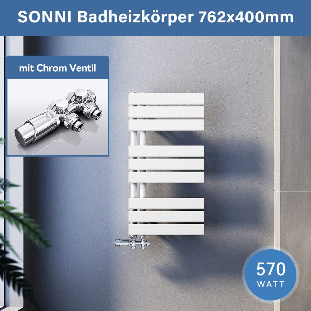 SONNI Badheizkörper Badheizkörper Weiß Heizkörper Design Handtuchtrockner Bad Warmwasser, ohne/mit Multiblock, flach, Mittelanschluss seitlich