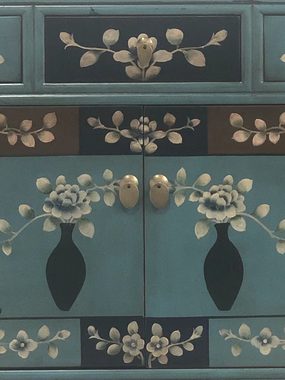 OPIUM OUTLET Kommode Asia Schrank Sideboard orientalisch chinesisch (Hochzeitsschrank fernöstlich, komplett montiert, blau, asiatisch, Vintage-Stil), Kommode Anrichte Büffet