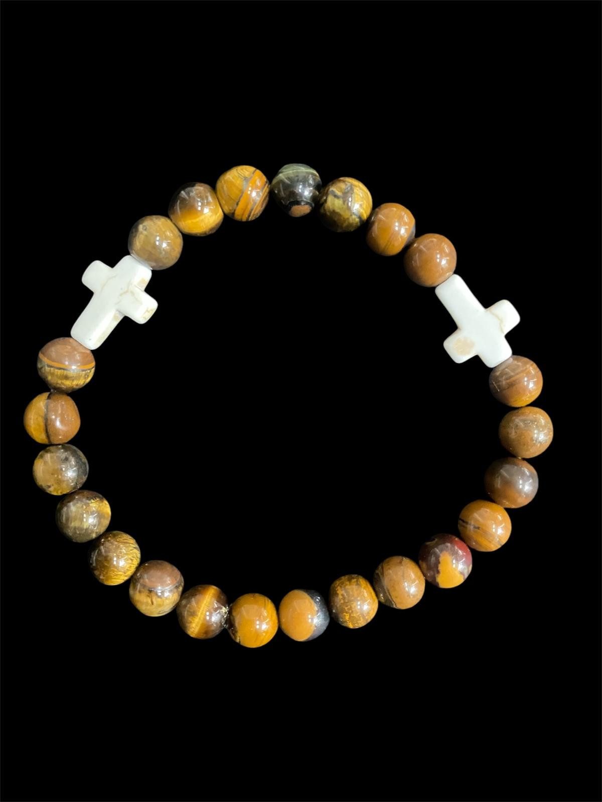 Aaron Bane Perlenarmband Tigerauge Edelstein Armband 3 Weiße Kreuze 23 Perlen (1-tlg)