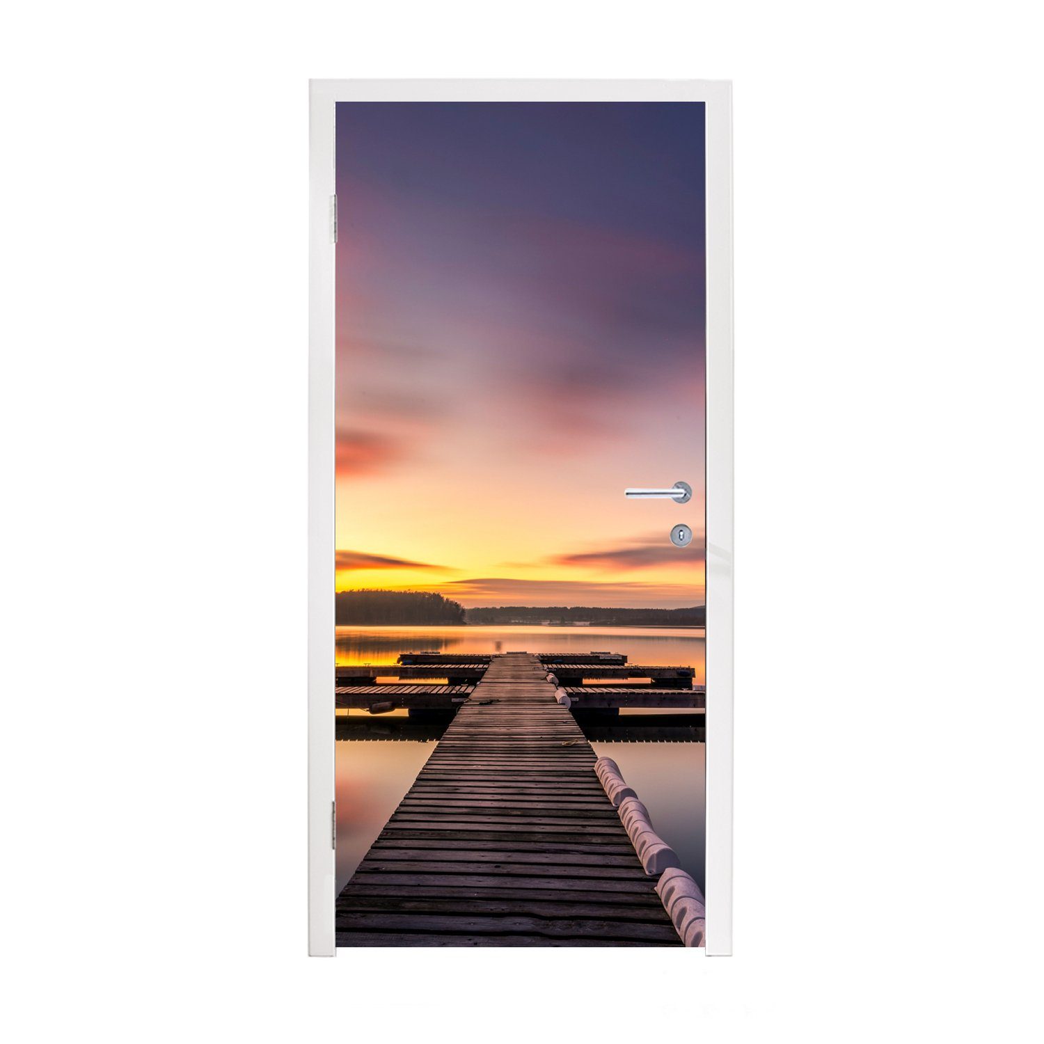 Türtapete (1 - - - 75x205 Türaufkleber, Tür, Matt, für Steg Wasser MuchoWow bedruckt, Spiegelung, Meer cm Sonnenuntergang Fototapete St), -