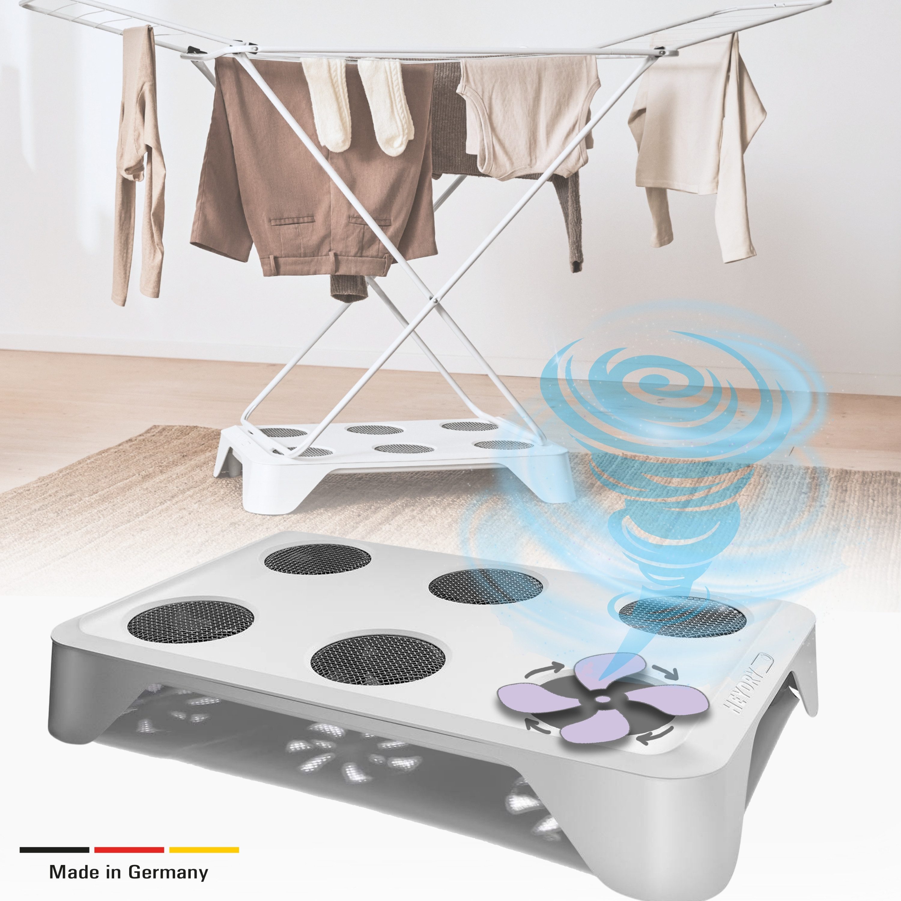 HEYDRY Elektrischer Wäschetrockner HEYDRY Lüfter für Wäscheständer, schnell & energiesparend trocknen, Made in Germany, mobiler Ventilator