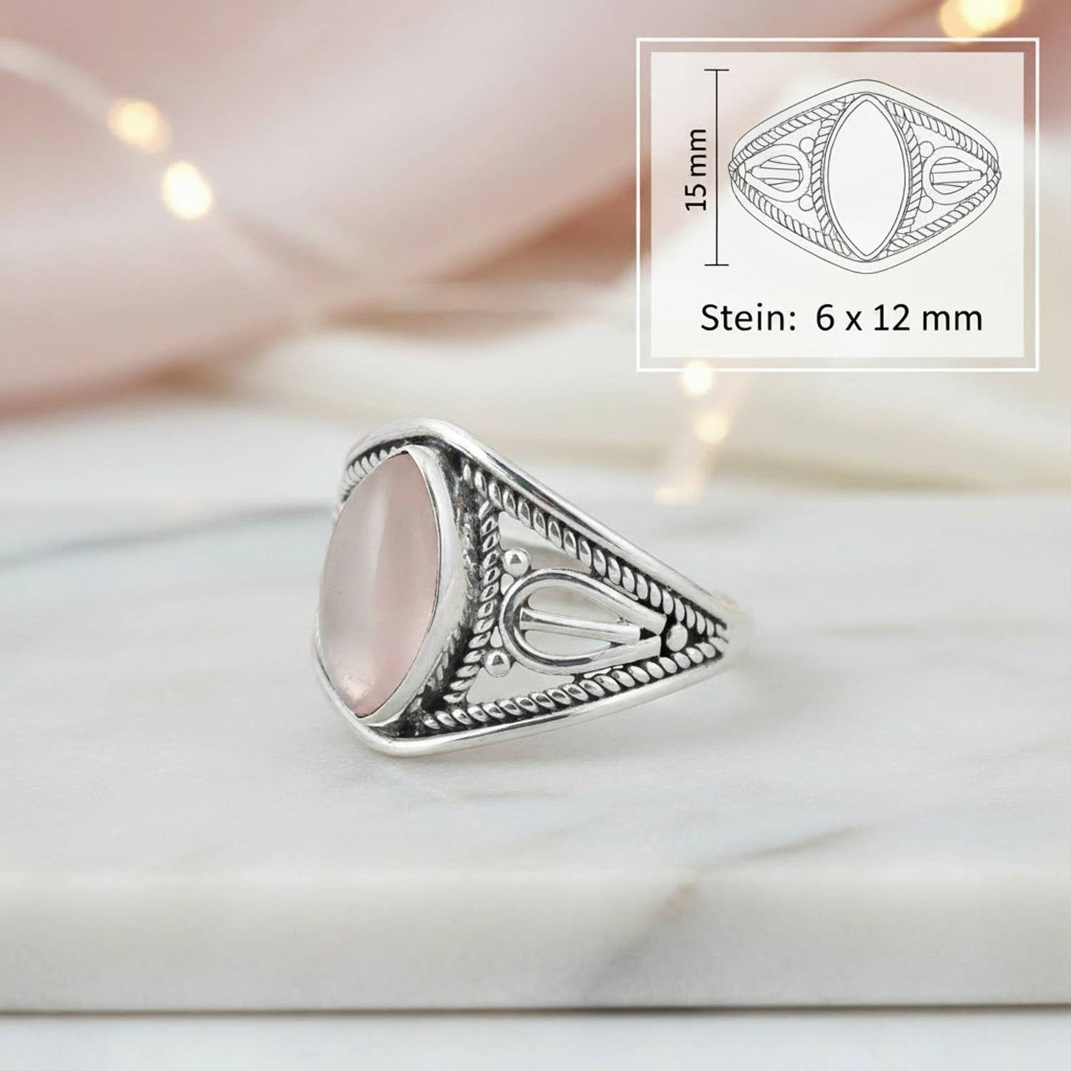 mantraroma Silberring DAHAB Ellipse aus 925 Silber mit Rosenquarz (Ring mit Schmuckbeutel), Damenring aus 925er Silber