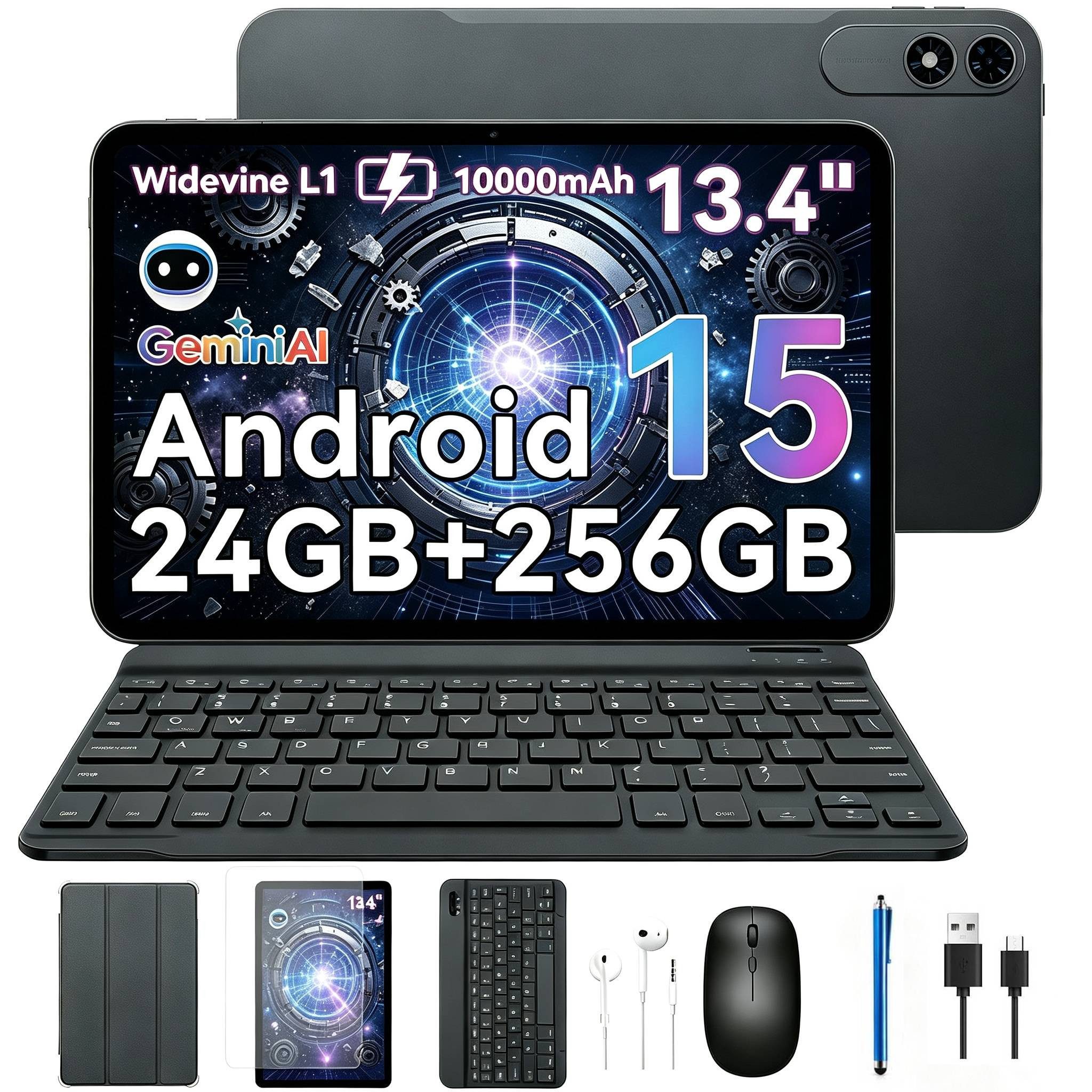 TABWEE 13.4" Android 16 mit Tastatur Maus Stift Kopfhörer 10000mAh 256GB Tablet (13.4", 256 GB, Android16, 10000 mAh, Android 16, Gemini AI, mit Zubehör, Kabel-Headset)