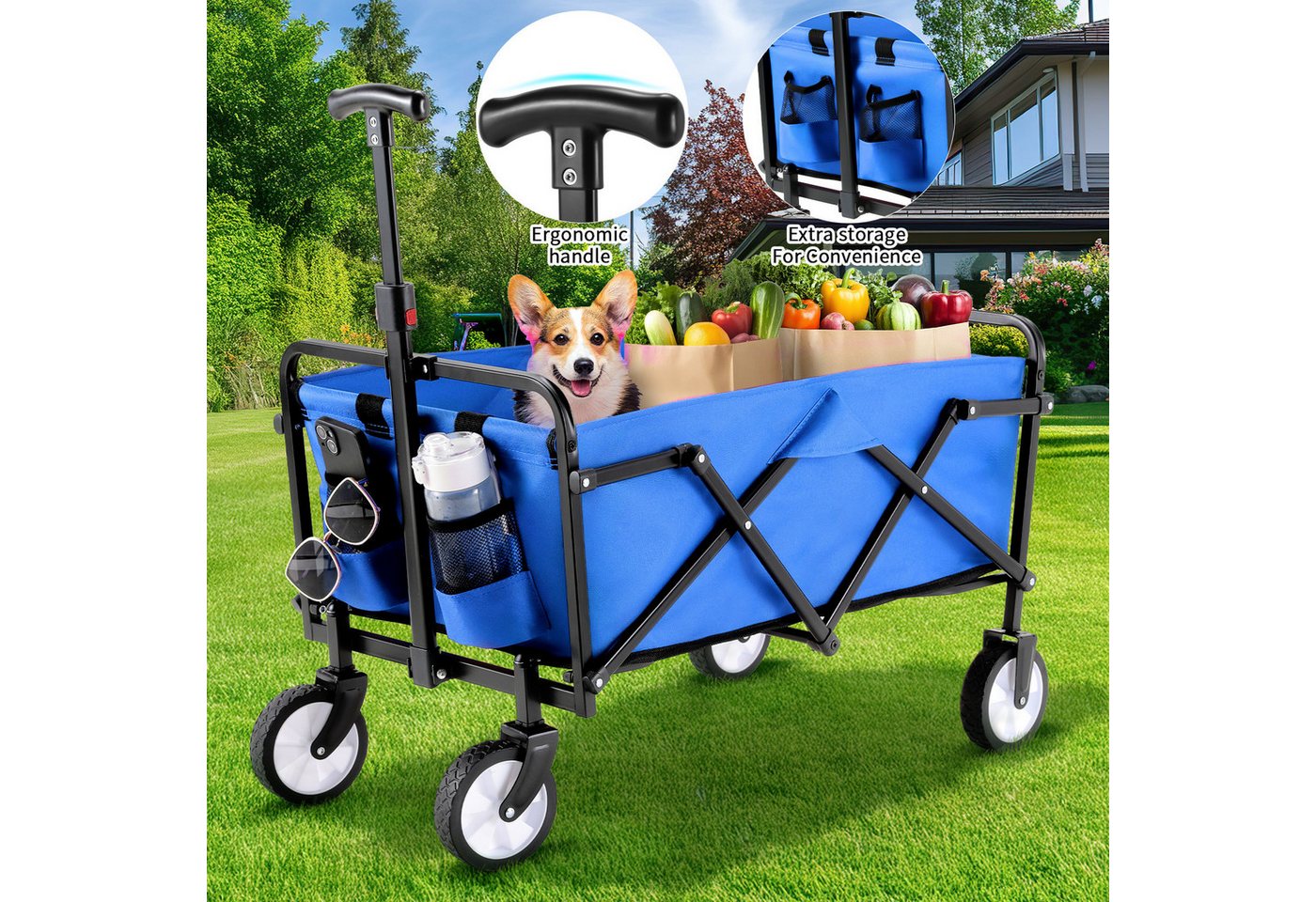 Thumbnail - TLGREEN Bollerwagen,Faltbar Handwagen, (Transportwagen klappbar Einkaufstrolley mit zwei Aufbewahrungstaschen, Campingwa...