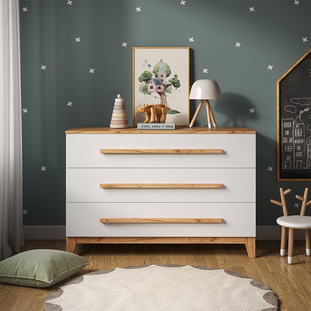 VitaliSpa® Wickelkommode Malia, Weiß/Artisan, 133.2 x 98 cm mit 3 Schubladen