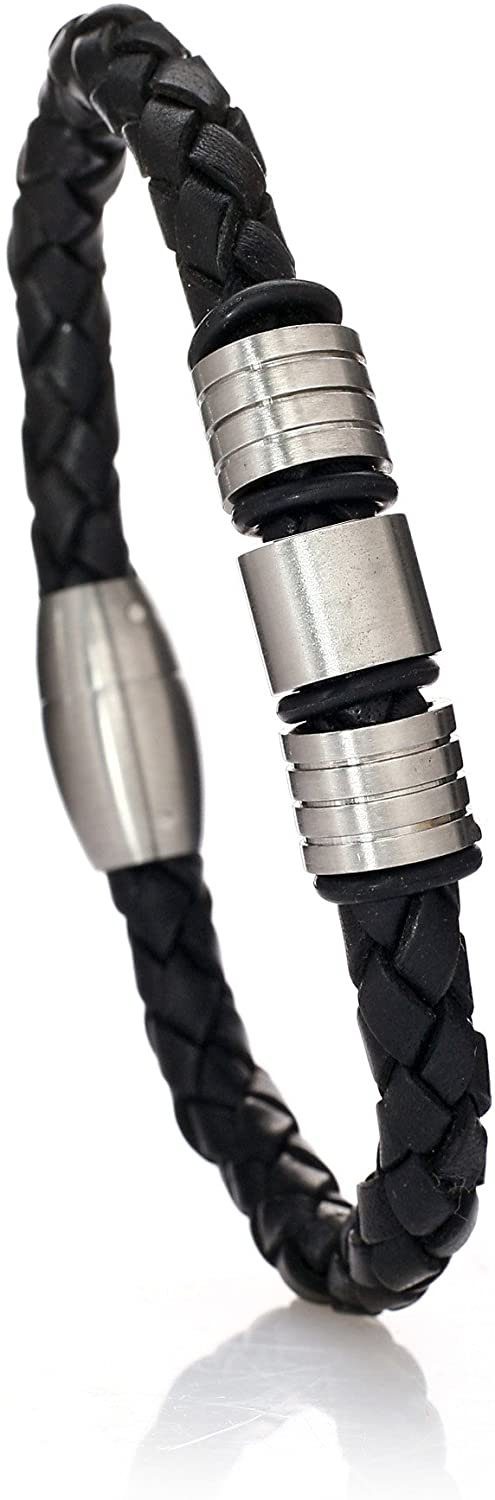 Karisma Lederarmband Männer Leder Armband Edelstahl Elemente IP Plating Black mit Magnetverschluss Matt Poliert - 9003-21cm