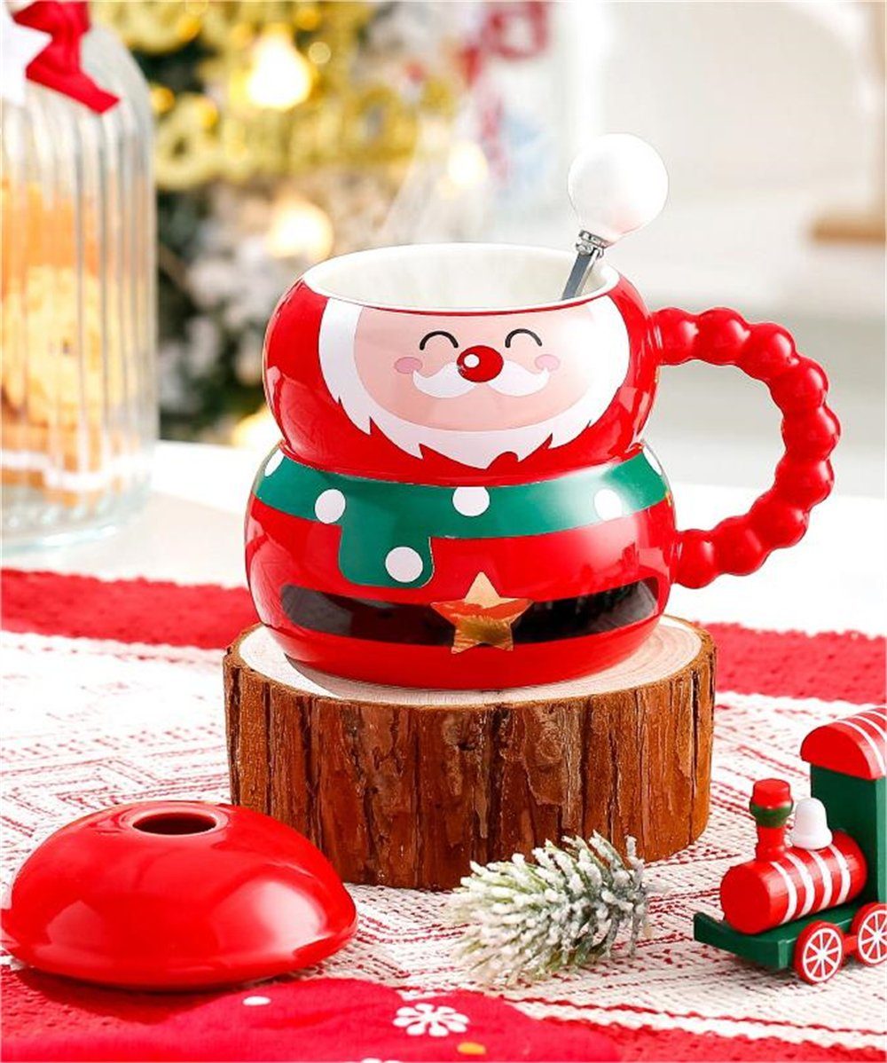 Rouemi Tasse Weihnachts-Keramikbecher, Weihnachtsbecher Geschenk mit Deckel Löffel Rot