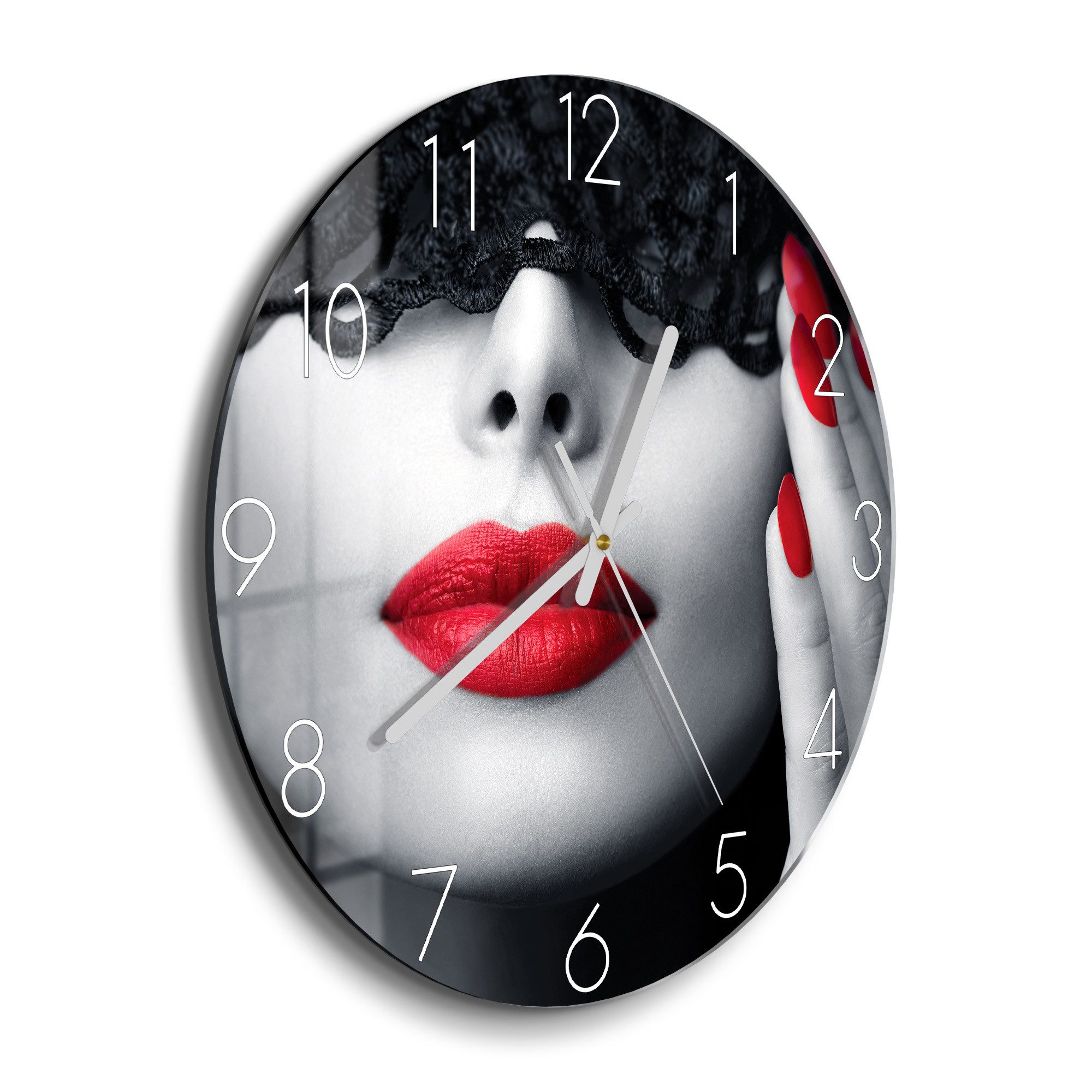 DEQORI Wanduhr 'Maskierte Schönheit' (Glas Glasuhr modern Wand Uhr Design Küchenuhr)