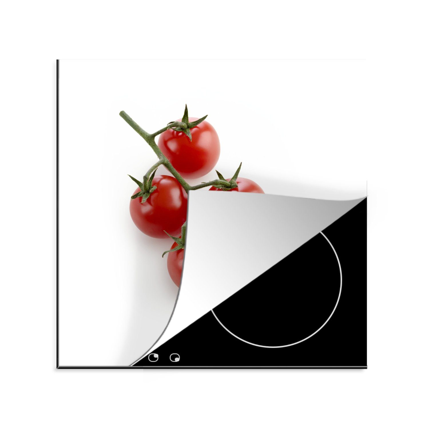 MuchoWow Herdblende-/Abdeckplatte Rote und glänzende Tomaten vor einem weißen Hintergrund, Vinyl, (1 tlg), 78x78 cm, Ceranfeldabdeckung, Arbeitsplatte für küche