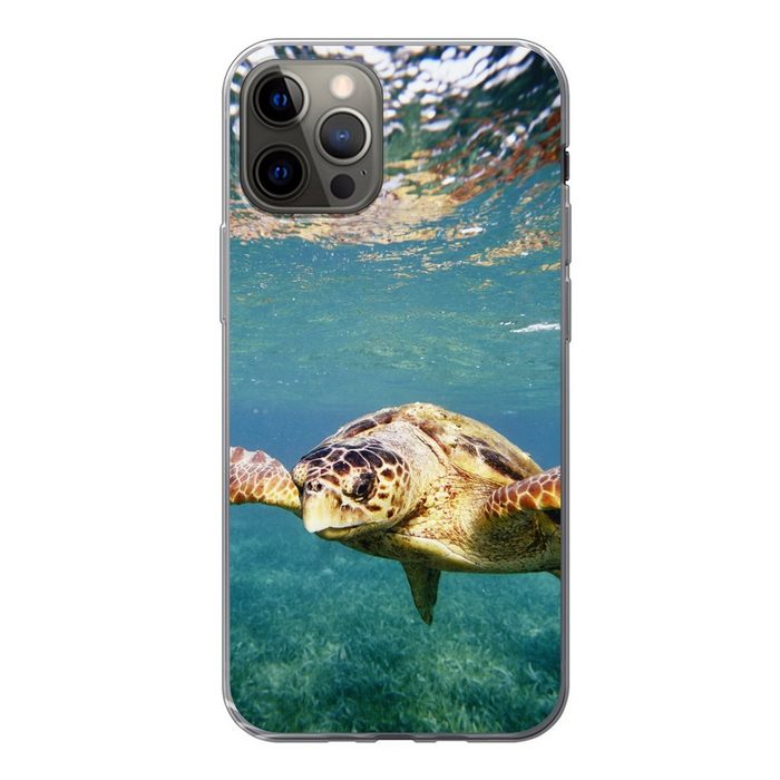 MuchoWow Handyhülle Schildkröte - Wasser - Blau Handyhülle Apple iPhone 12 Pro Smartphone-Bumper Print Handy