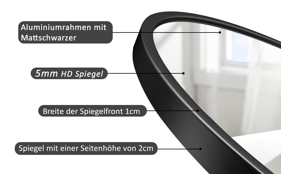 GOEZES Spiegel Flur Ganzkörper 150x50cm Flurspiegel schwarz mit Alu Metall Rahmen (Ganzkörperspiegel Oval, Bodenspiegel Arched), HD Spiegel, 2 Installationsmethoden