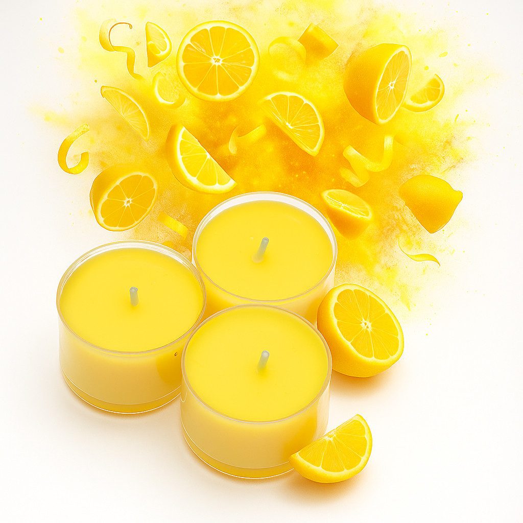 Candelo Teelicht Duft Kerzen - Duftteelichter Citronella - in Kunststoff Hülle (24er Set, 24-tlg), Zitronenduft - 4 Std Brenndauer – Teelichter Zitronella