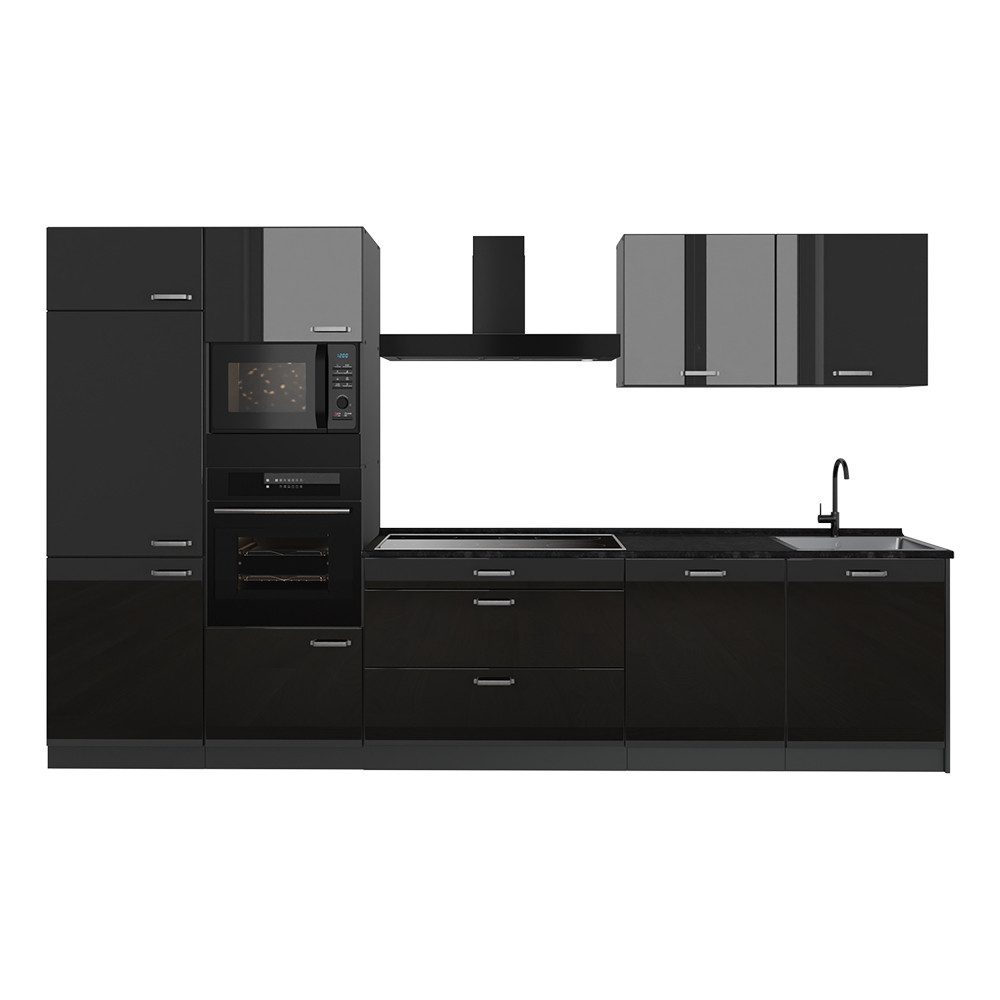 Vicco Küchenzeile R-Line, Schwarz Hochglanz/Anthrazit, 340 cm ohne Arbeitsplatte