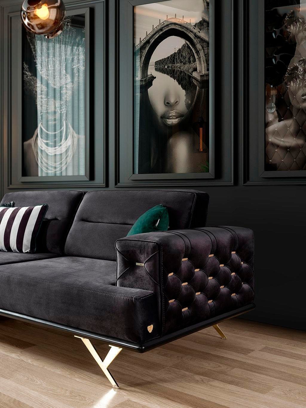 Textilmöbel Couch Luxus, Edelstahl JVmoebel Europe Teile, Wohnzimmer in 1 Sofa Sofa Moderne Made Schwarzes