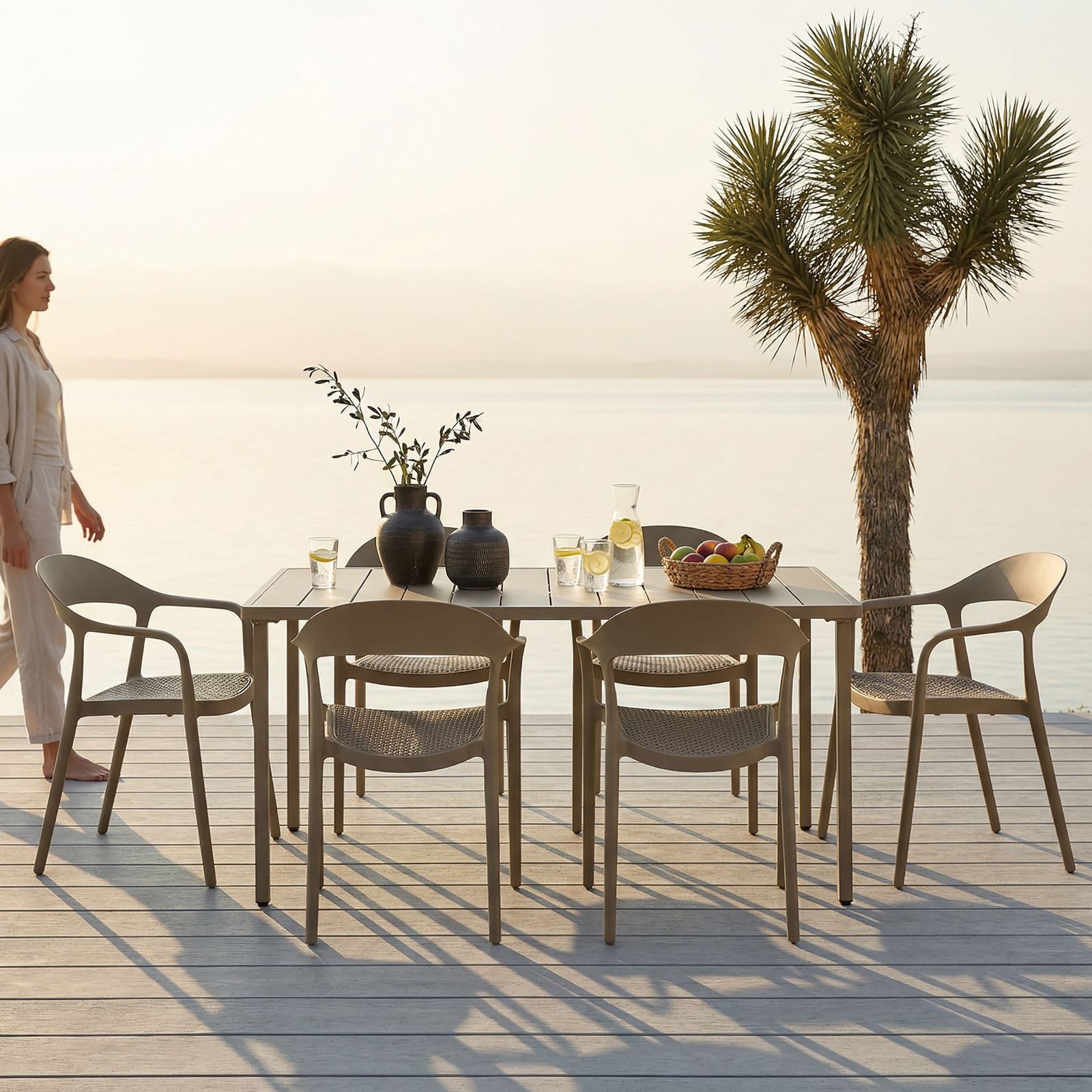 IDIMEX Garten-Essgruppe LAVANDA, 6er Sitzgruppe, Tisch und 6 Stühle mit Wiener Geflecht Optik champagne