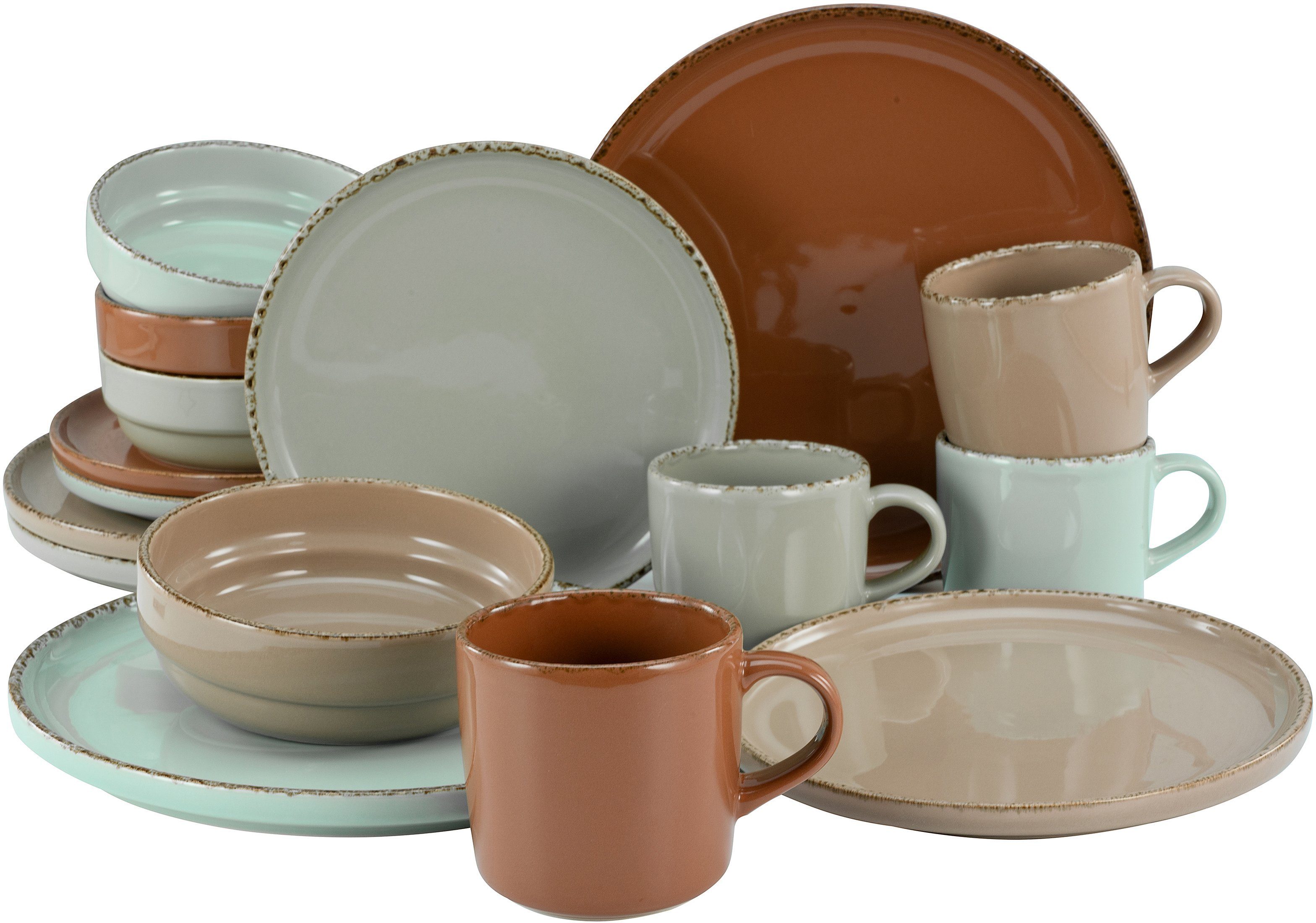 CreaTable Комбинированное обслуживание Geschirr-Set Terra Collection (16-tlg), 4 Personen, Steingut, Service, angesagte Naturfarben Made in Europe, 16 Teile für 4 Personen