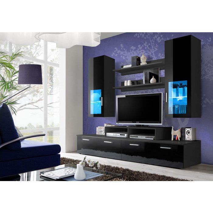 Stylefy Wohnwand MOONI 200x275x45 cm (Wohnmöbel Wohnzimmer-Set Set (7-St) bestehend aus 2xHängevitrine 2xLowboard 2xWandregal 1xTV Aufsatz inkl. LED-Beleuchtung mit Glaseinsatz variabel hängbar Hochglanz