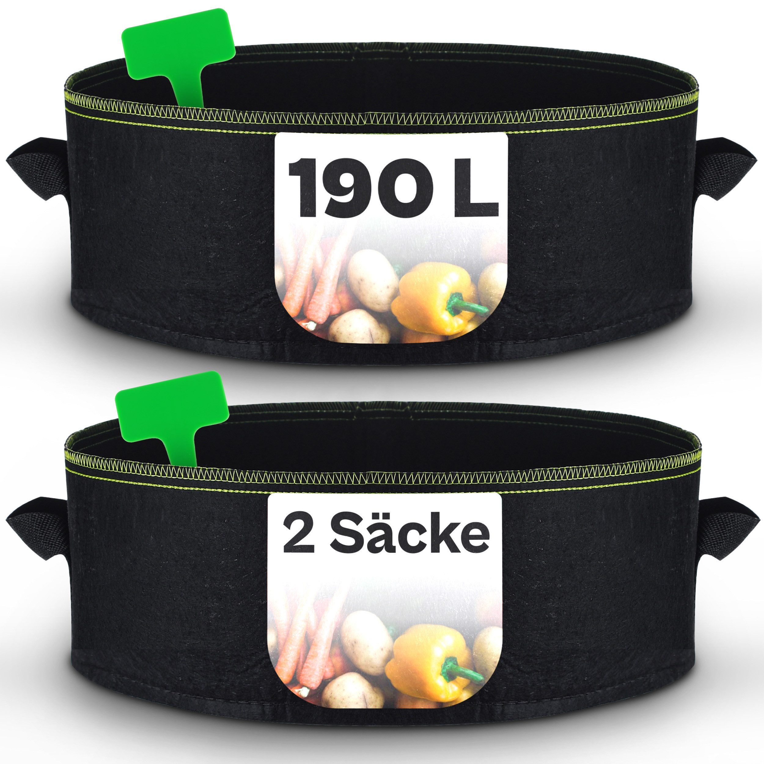 Praknu Pflanzkübel Hochbeet Pflanzsack Groß 2x 190L aus Vliesstoff - Mit Pflanzenstecker (Set, 2 St., 2er Set Pflanzensack 190L & Inklusive 2 Stecker zum Beschriften), Erdbeeren