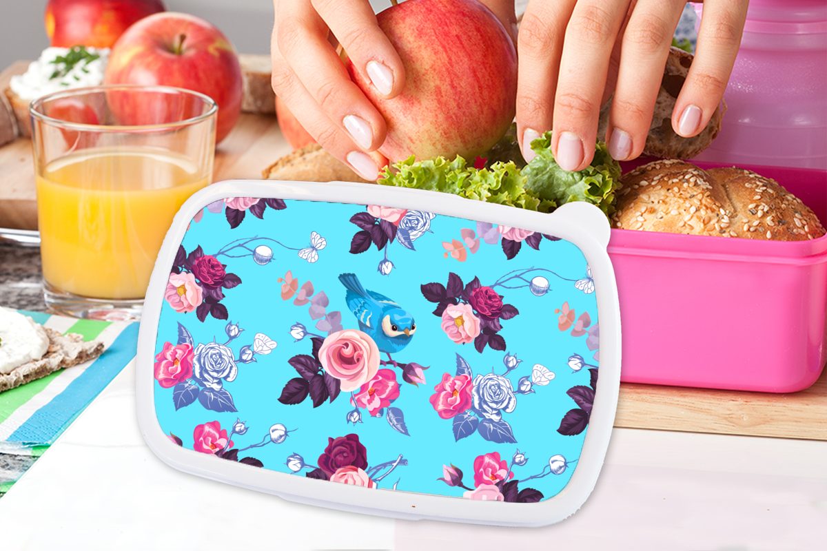 MuchoWow Lunchbox Erwachsene, Mädchen, Brotdose für Kinder, rosa (2-tlg), Blumen - - Kunststoff, Muster, Snackbox, Vogel Kunststoff Brotbox