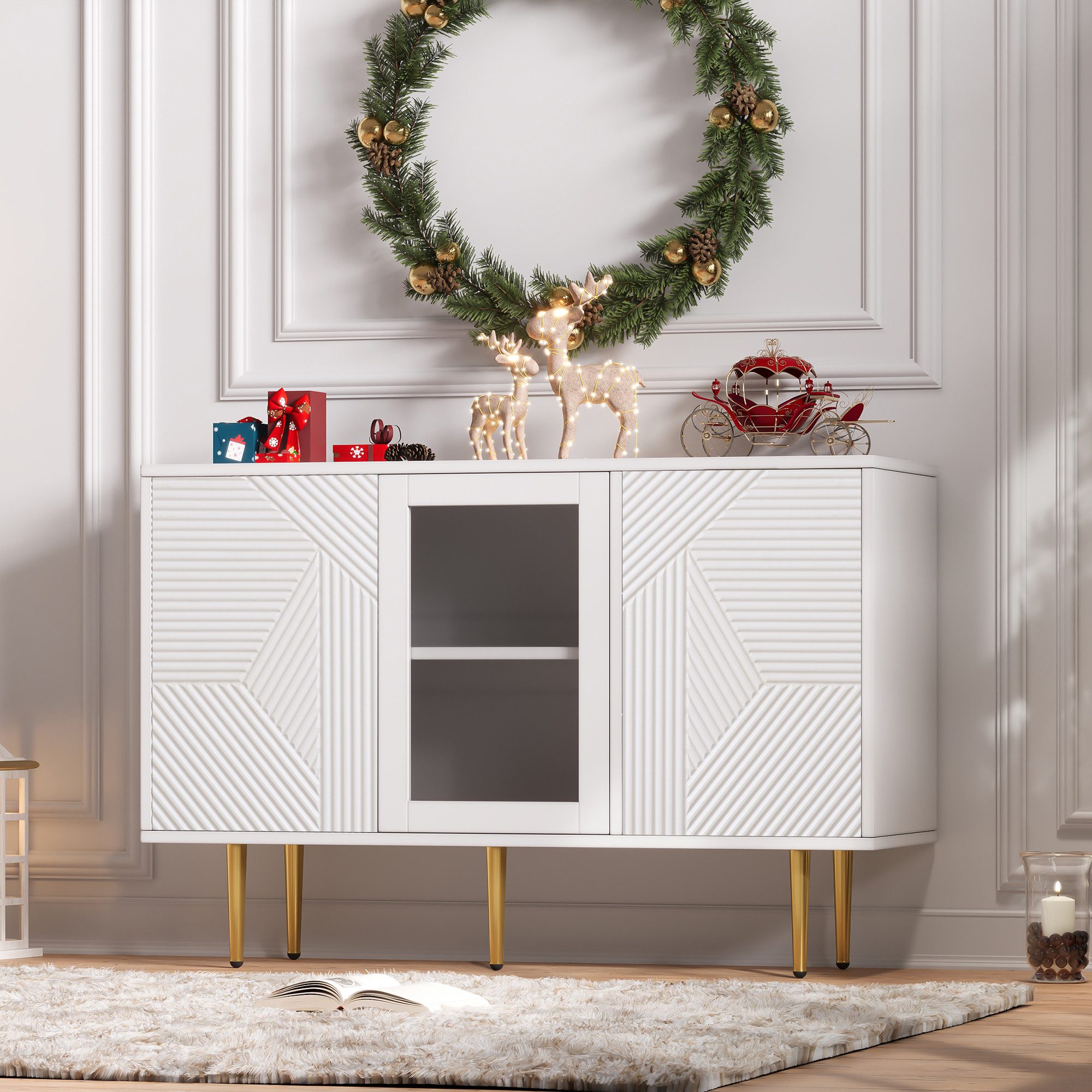 Odikalo Anrichte Sideboard Tresenkommode Kommode mit Metalfüßen Glastüren 120x38x79.5cm
