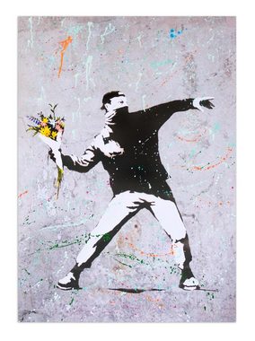 Leinwando Leinwandbild Banksy Flower Riot Bunt - Hoch / Street Art Bild zum Aufhängen