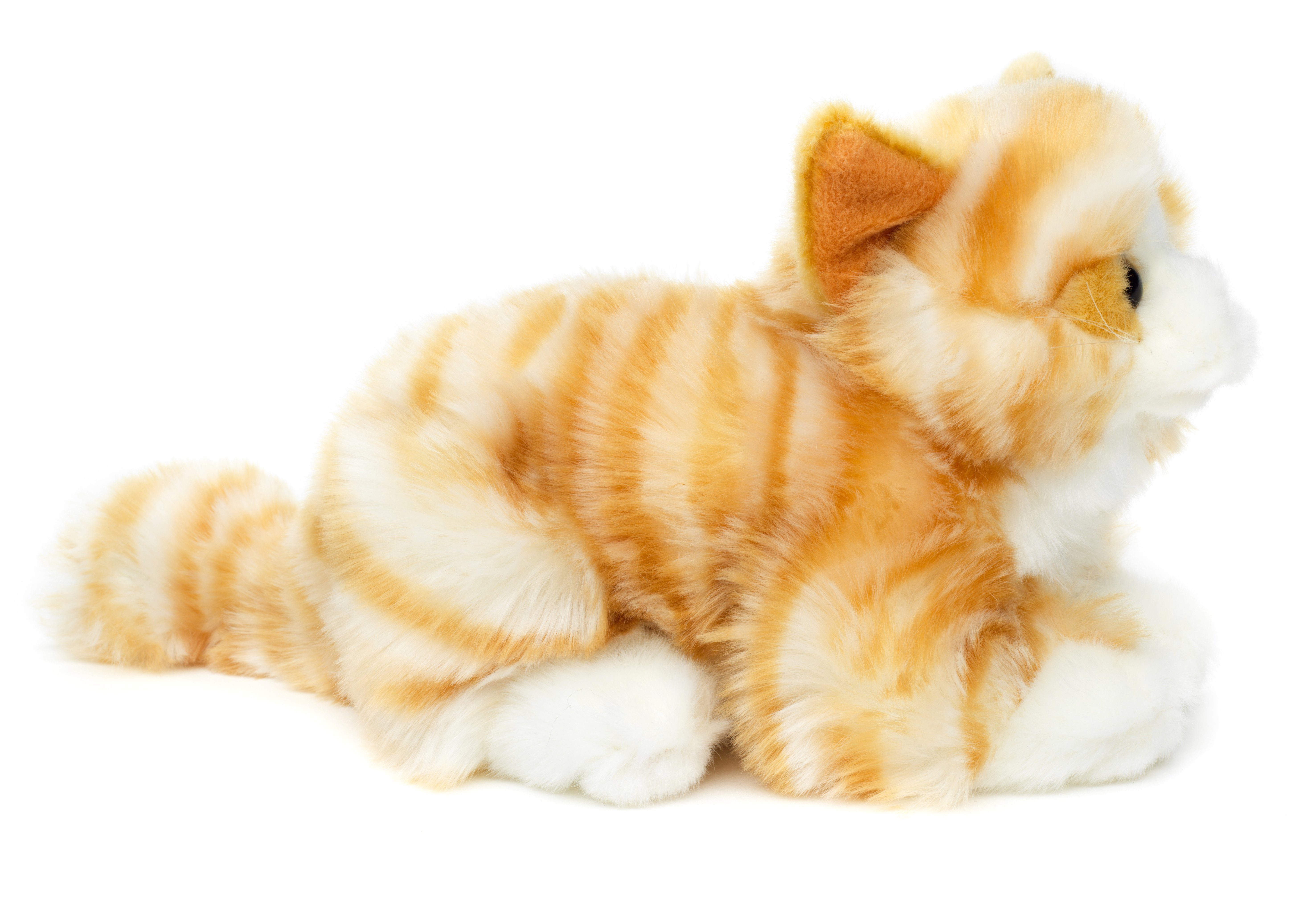 Katze Plüsch, Uni-Toys recyceltes - (Länge) - 20 Kuscheltier zu % 100 mit Plüschtier, Stimme Füllmaterial (braun-weiß) cm