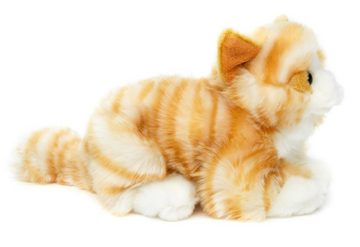 Uni-Toys Kuscheltier Katze mit Stimme (braun-weiß) - 20 cm (Länge) - Plüsch, Plüschtier, zu 100 % recyceltes Füllmaterial