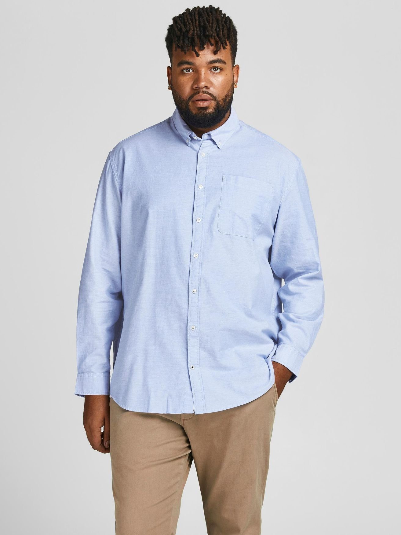 Übergrößen Blau Einfarbiges Langarmhemd Hemd in 4447 Plus JJEOXFORD & Jack Jones Business Size Shirt