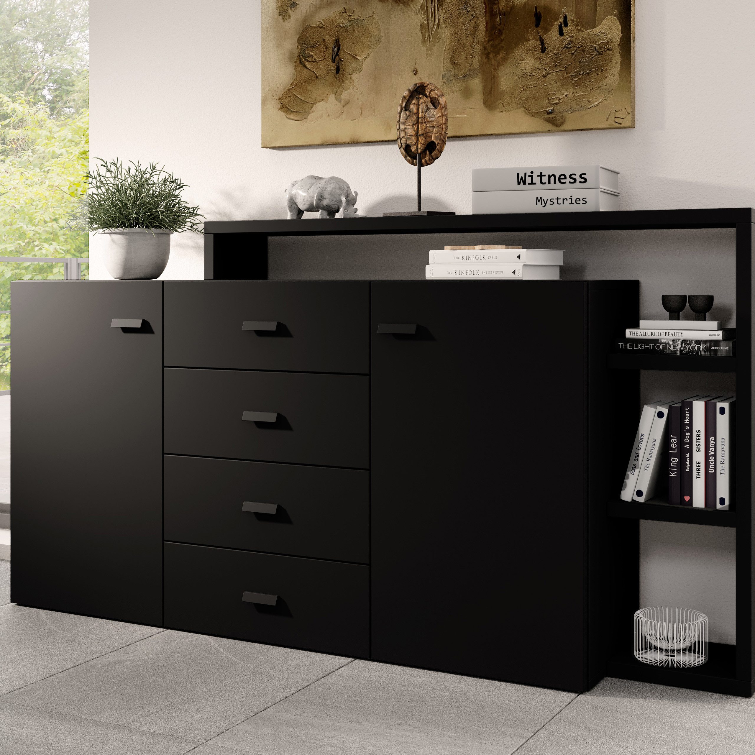 Masseno Kommode BOTTEGA 180 cm Sideboard mit 4 Schubladen und 2 Türen Schwarz