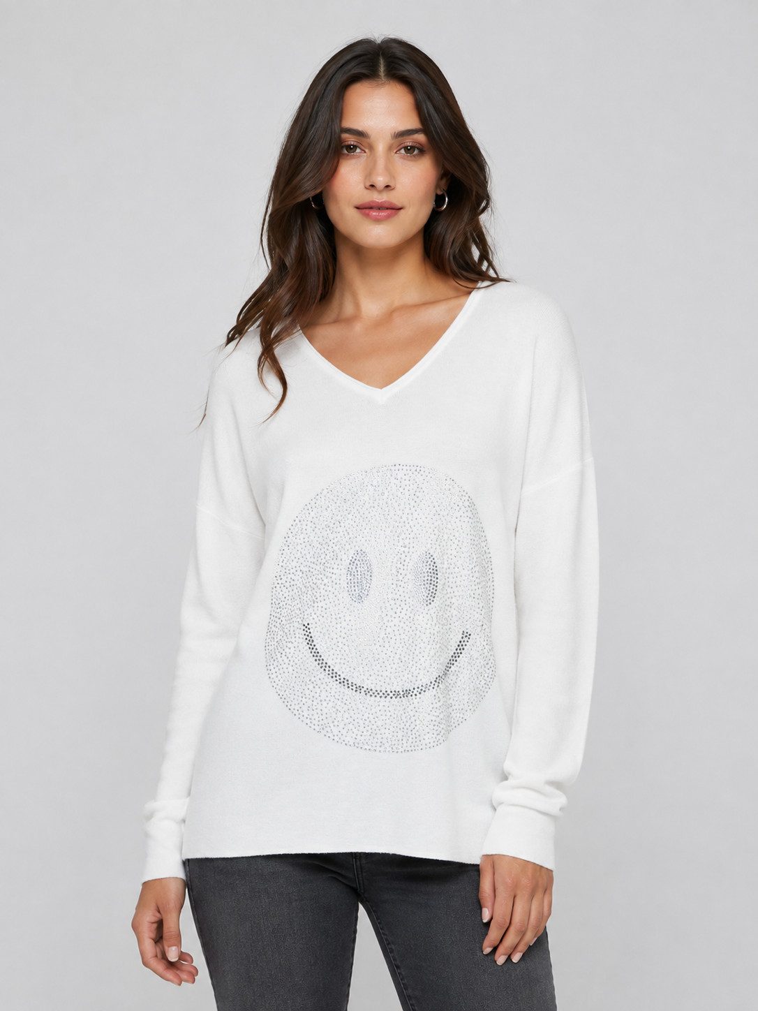 Passioni Strickpullover mit Strass-Smiley