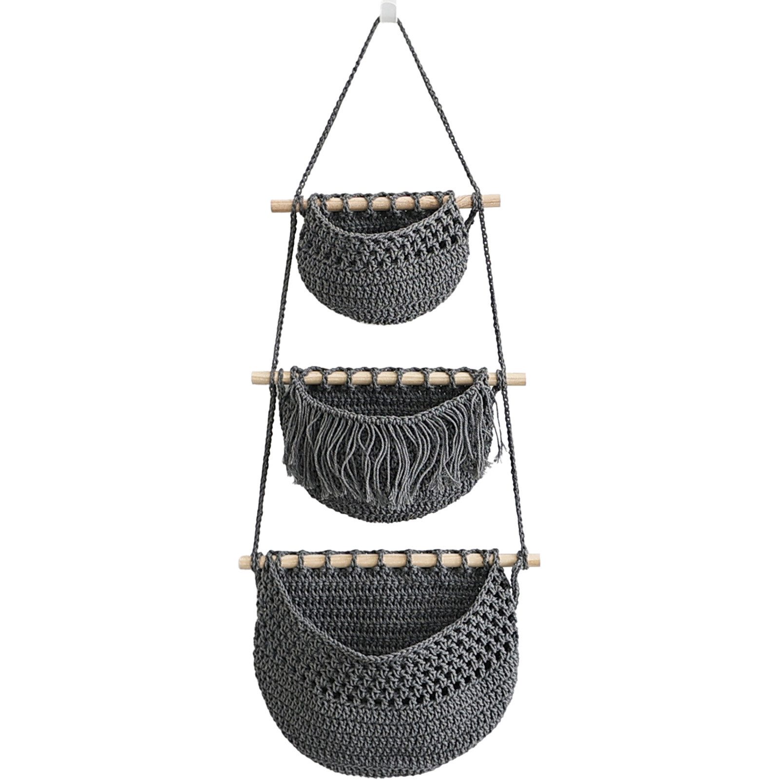 Jumpeak Hängeaufbewahrung Obstkorb Hängend 3 Etagen,Hängekörbe,Wandhängetasche, Hängetasche, Deko-Objekte,Hängeaufbewahrung,Baumwolle-Leinen,Multifunktional