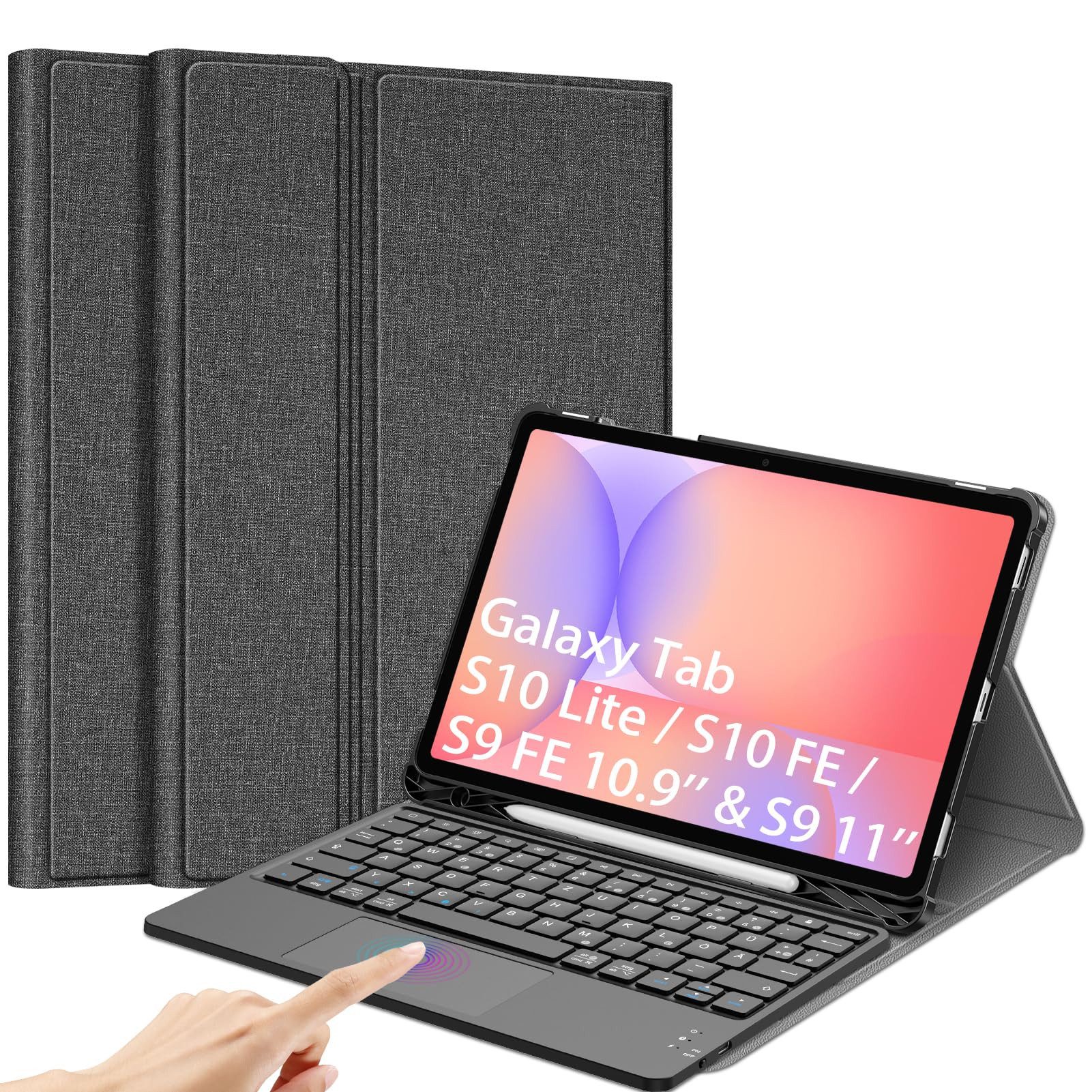 Fintie Tablet-Hülle +Tastatur für Samsung Galaxy Tab S10 Lite/S10 FE/S9 FE 10.9" & S9 11", Deutscher Tastatur mit Touchpad Magnetisch Abnehmbarer Keyboard Cover