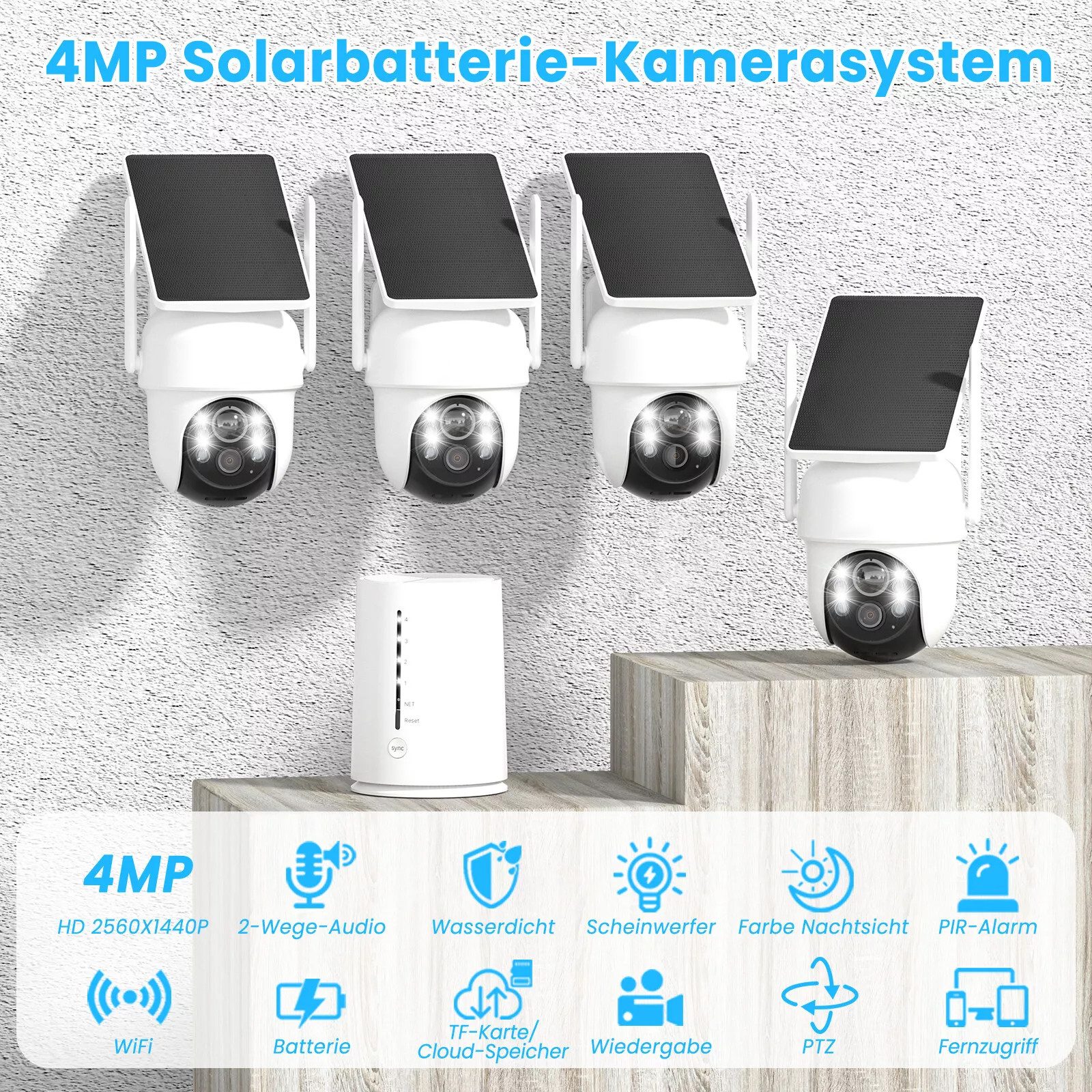 Topcony Überwachungskamera 4MP FHD Überwachungskamera Set Aussen Solar/Akku mit Basisstation (Innenbereich, Außenbereich, 100% Kabellos Eingebettetes Solarpanel,Kinderleichte Installation, 360° Schwenkbar, Farbige Nachtsicht mit Flutlicht, 4CH Basisstation mit 4X kabellosen Dome Kameras)
