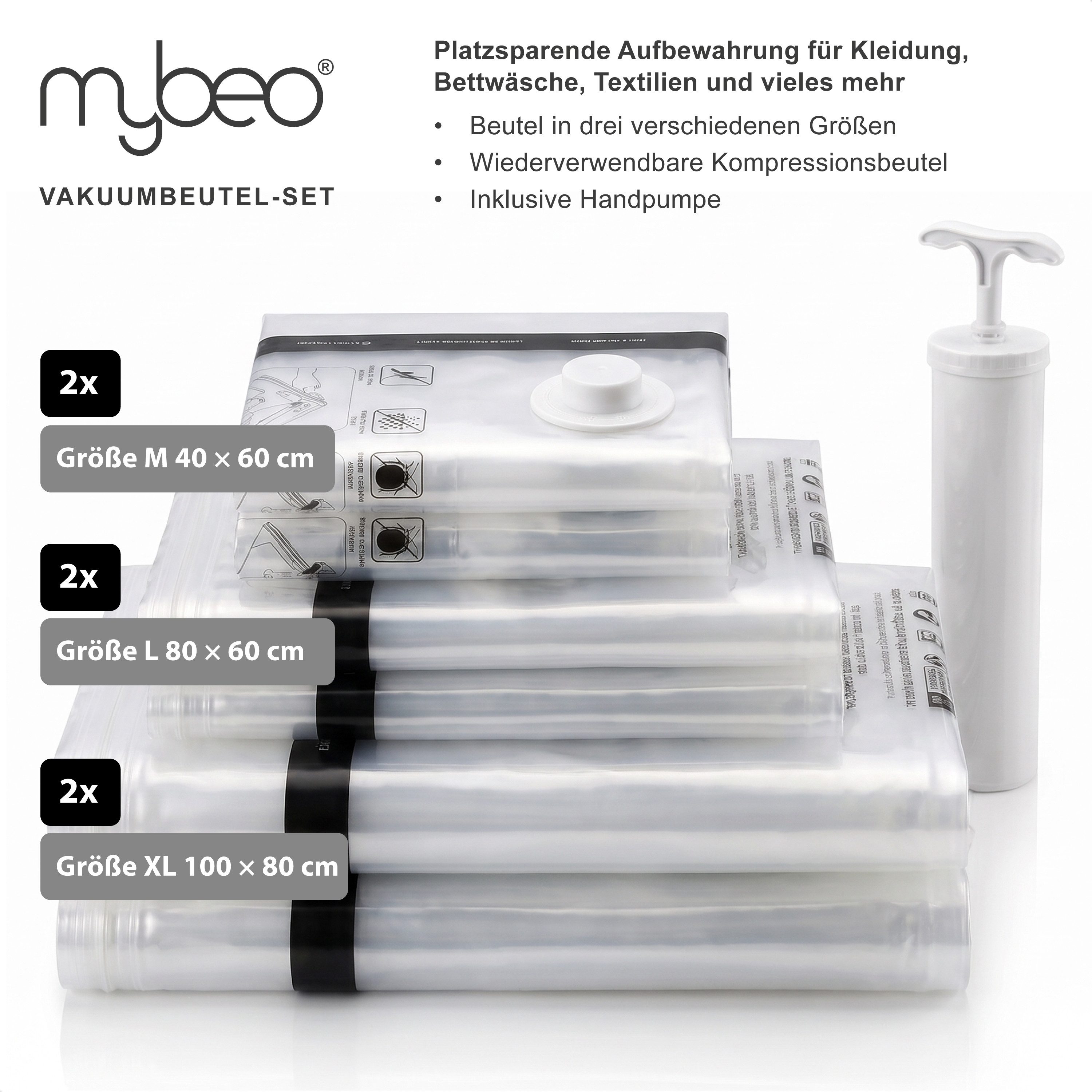 MyBeo Vakuumierbeutel 6x Vakuumbeutel, 3 Größen, Kompressionsbeutel, Aufbewahrungsbeutel, Platzsparend, Organizer für Kleidung, Bettwäsche, Bettdecken, Reise – Bild 2 von 5
