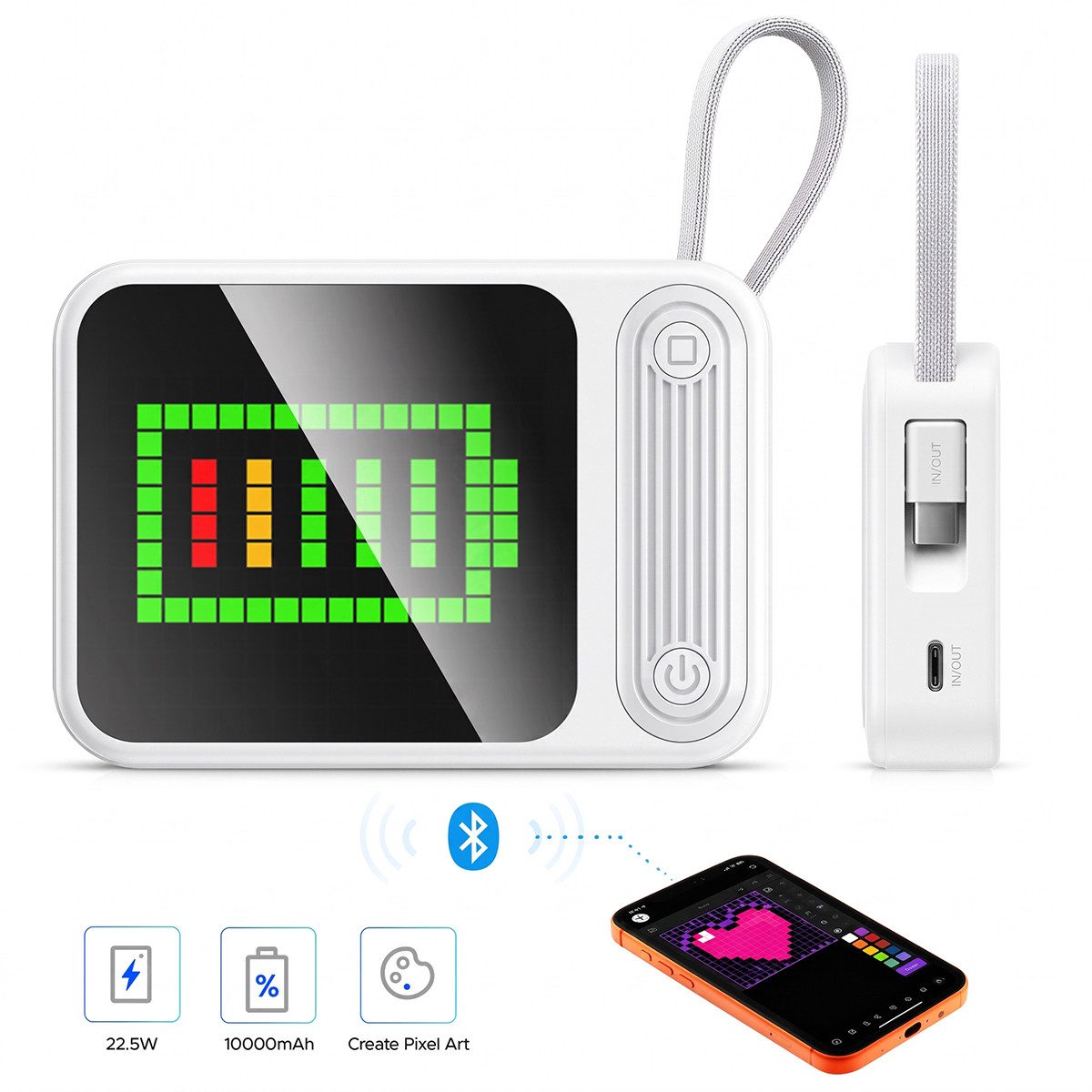 ORICO PixCharge Plus Powerbank 10000mAh mit 22,5W Schnellladung, Powerbank 256-LED Pixel Display & App-Steuerung, integriertem USB-C Kabel 10000 mAh (5V / 9V / 12V V, 1 St), externer Akku für Smartphone & Tablet